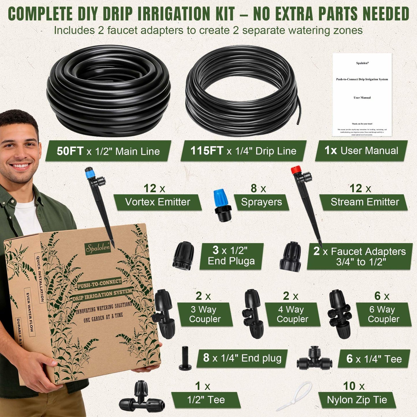 Spalolen Drip Irrigation System Push-to-Connect Garden Watering System Kit for Raised Beds, Expandable DIY Drip Irrigation Kit with 1/2" & 1/4" Tubing, Adjustable Emitters, Leak-Proof Connectors