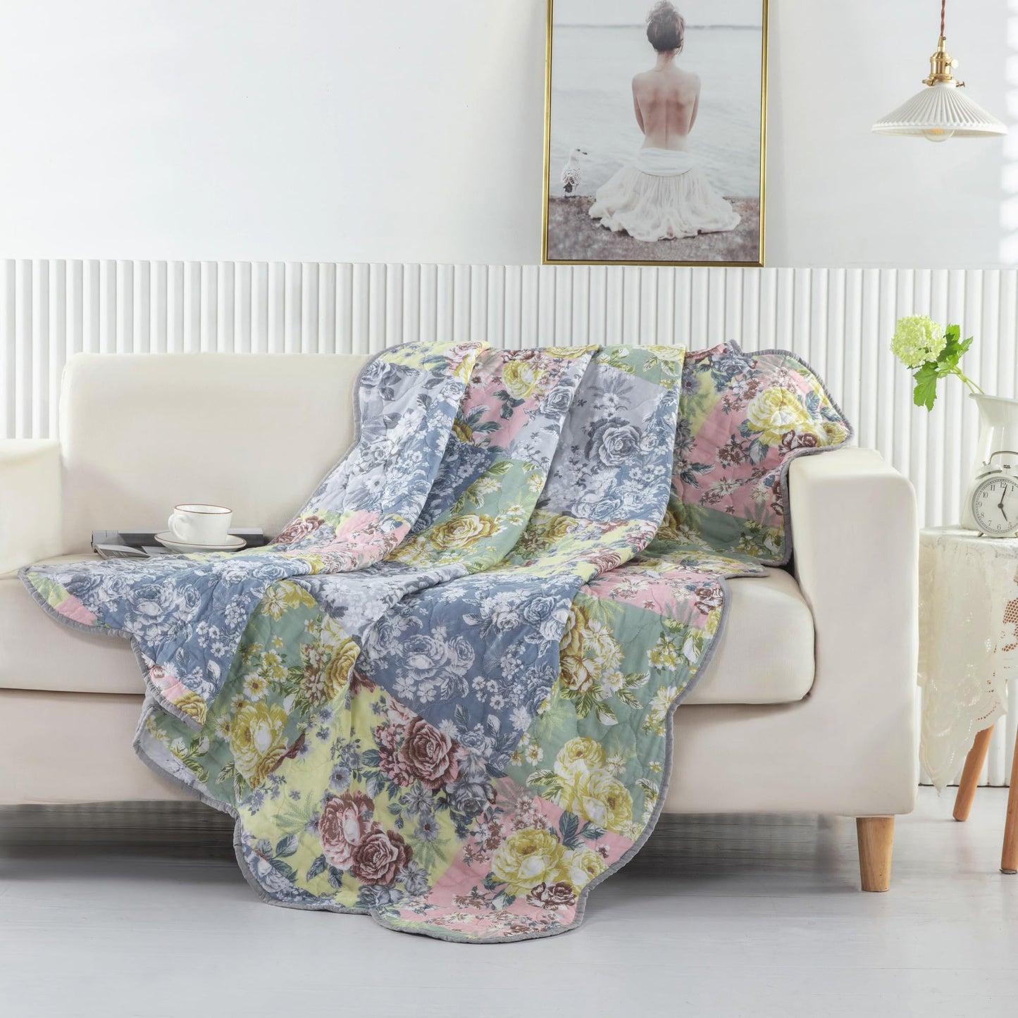 Greenland Home Emma Patchwork Floral Print Quilted Throw Blanket, 60x50-inch, Gray