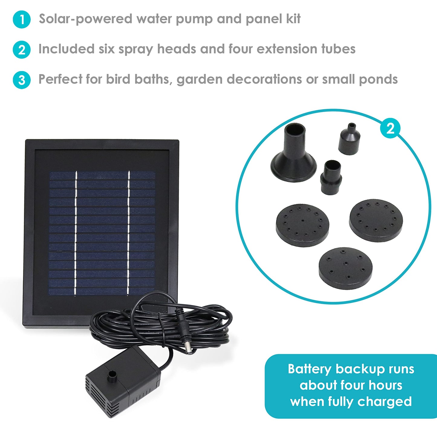 Sunnydaze 65 GPH Solar Pump and Panel Kit with Battery Pack and LED Light - Pool and Fountain Pump - 47-Inch Lift