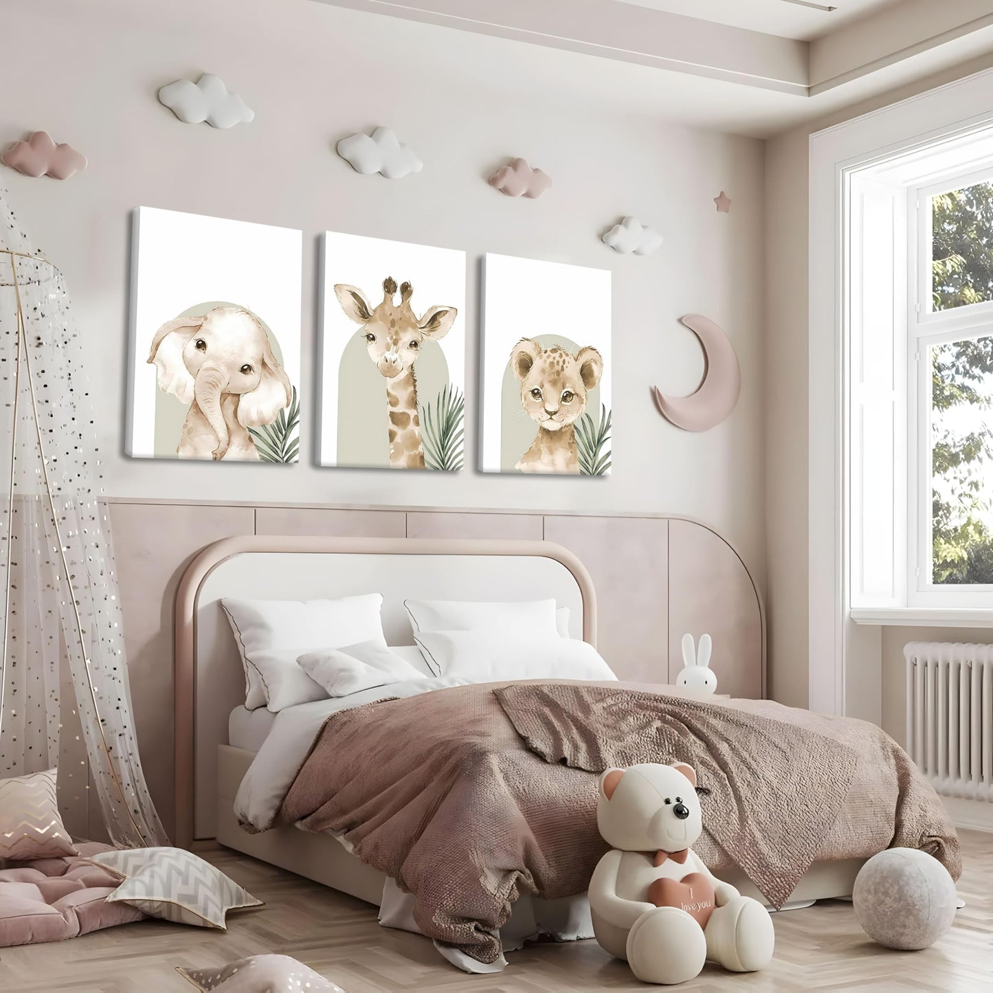 Nursery Wall Decor Set of 3, Cute Animal Lion Elephant Baby Pictures Poster Prints, Giraffe Jungle Canvas Wall Art Woodland Nursery Decor for Boys Girls Room Decoration 12x16 inch Framed