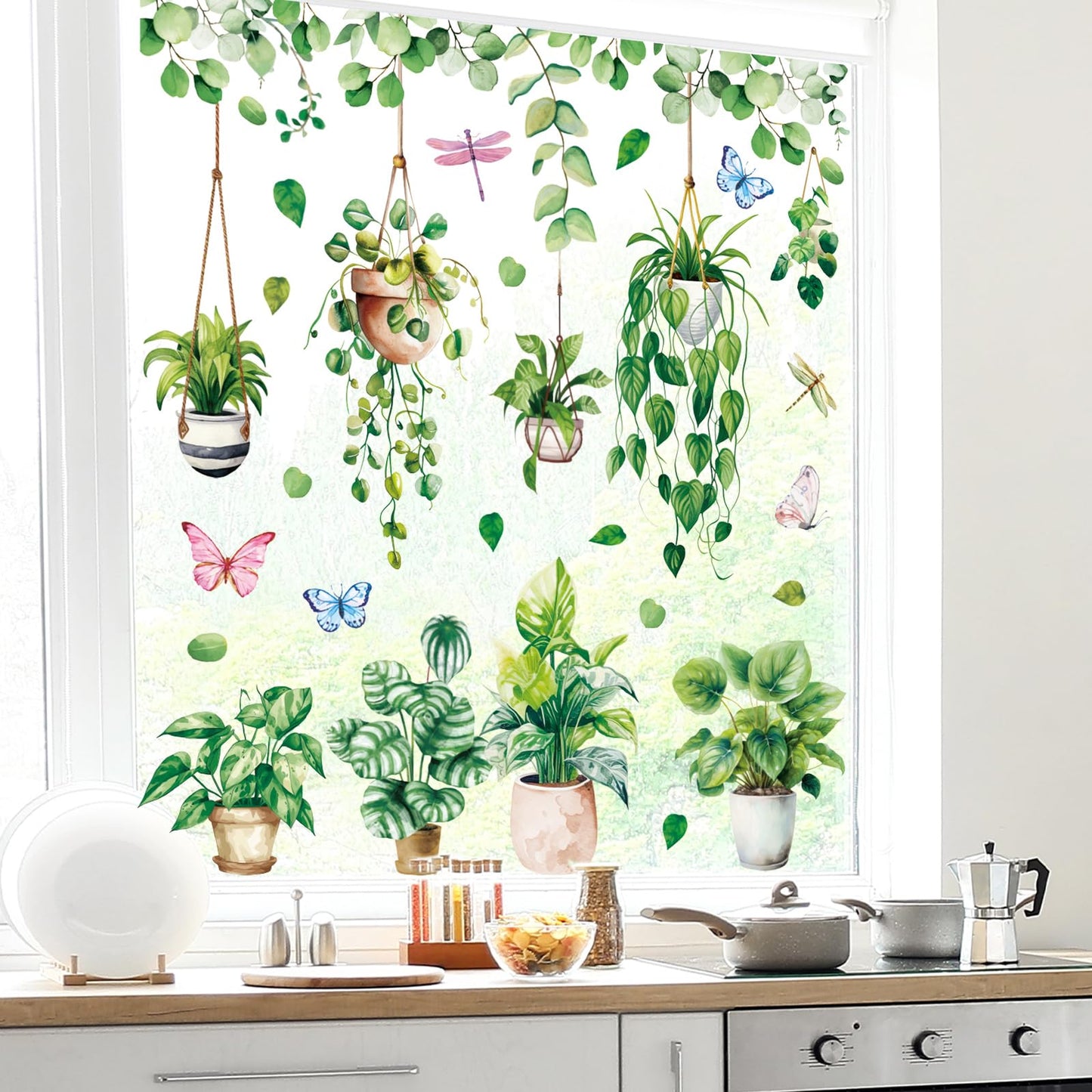 Whaline 6 Sheet Spring Summer Potted Plant Window Clings Hanging Vine Plant Eucalyptus Leaves Reusable Window Decals for Home School Office Party Supplies