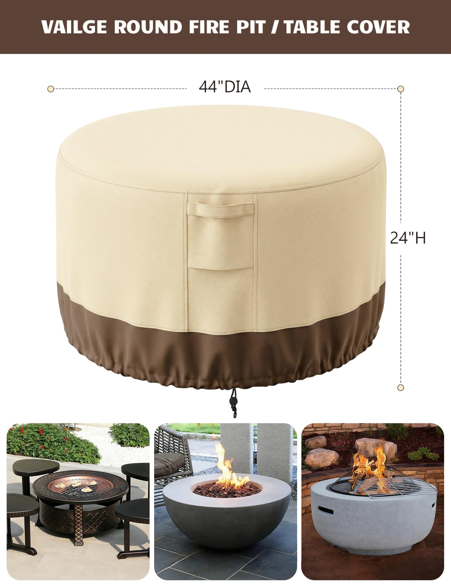 Vailge Fire Pit Cover Round,100% Waterproof Round Patio Fire Bowl Cover,Outdoor Heavy Duty Gas Firepit Table Covers with Air Vent and Handle