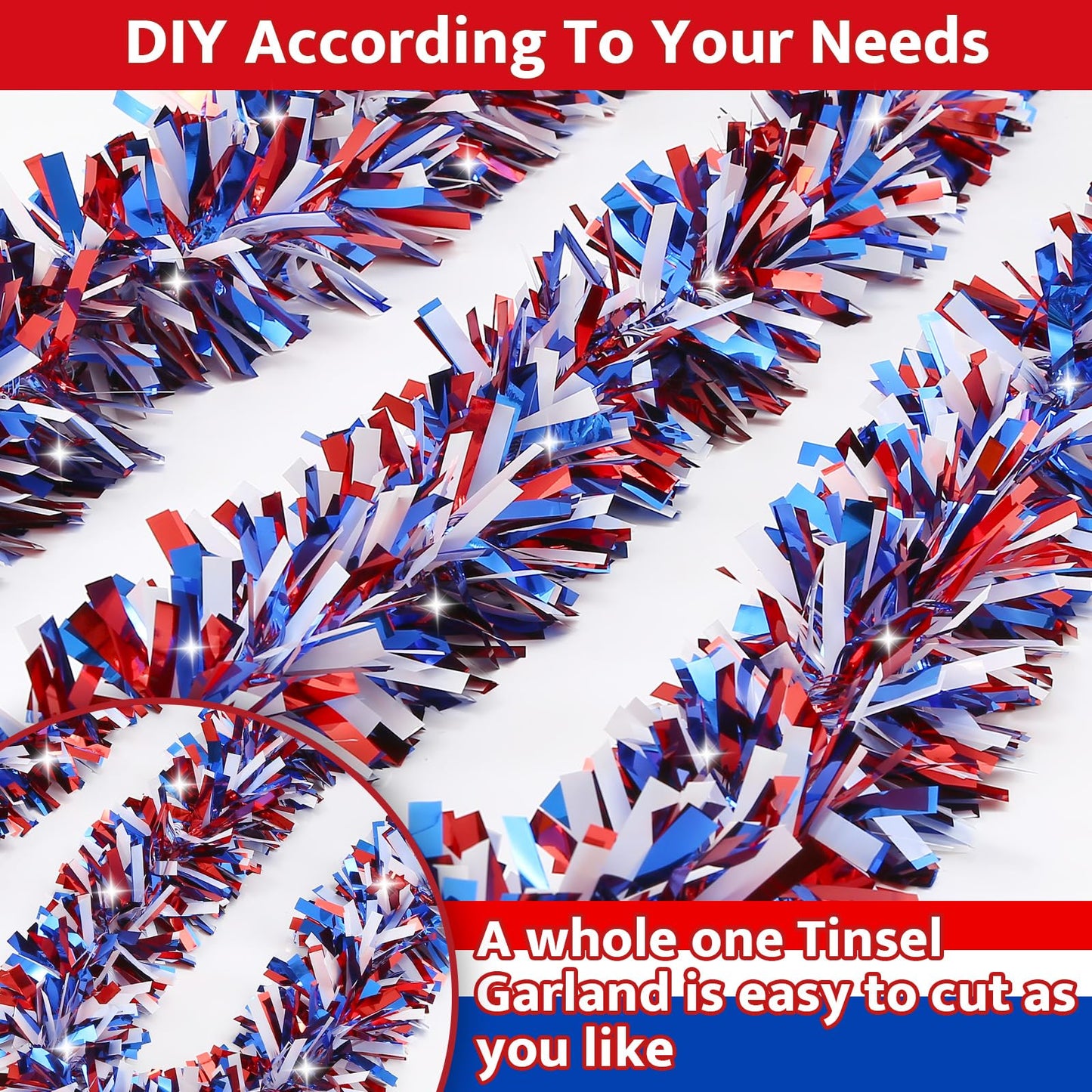 50 FT 4th of July Tinsel Garland Red White and Blue Garland Fourth of July Garland Patriotic Garland for Home Party Holiday Celebration Memorial Day Independence Day 4th of July Decorations