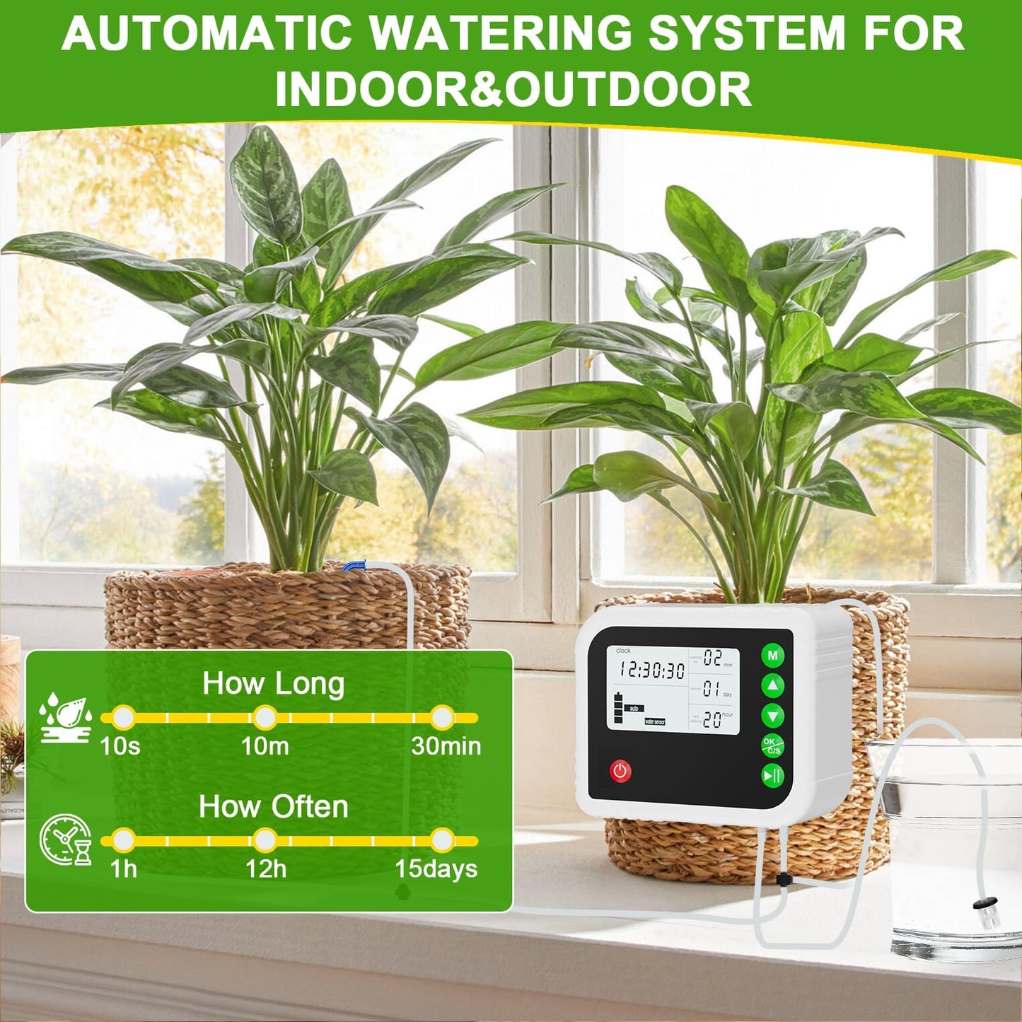 ZWJBSGY Automatic Plant Water Indoor, 15 Potted Plants Self Watering System, Automatic Drip Irrigation Kit Plant Watering Devices Programmable Water Timer, LED Display and Power Supply