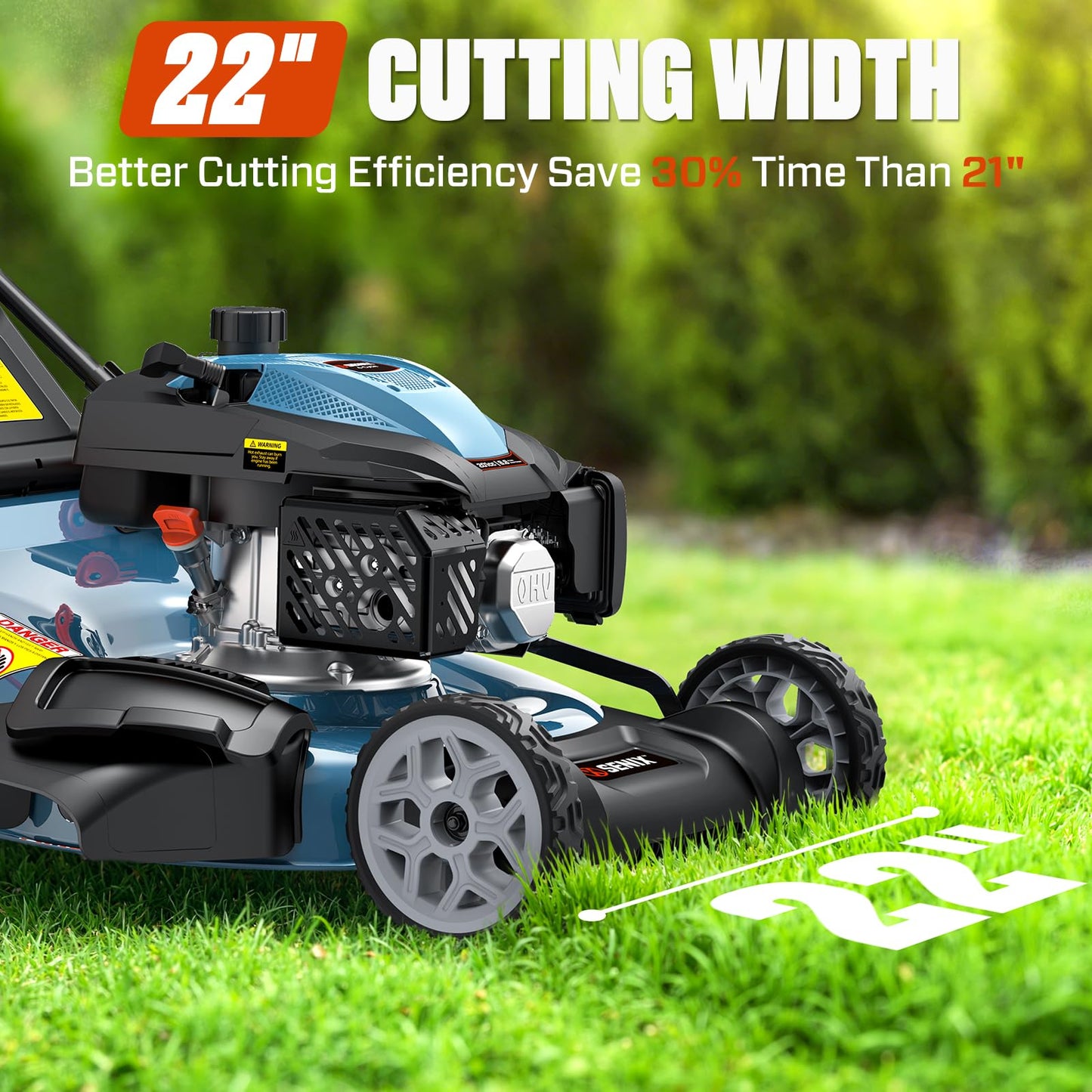 SENIX 201cc 22" 3-in-1 Gas Lawn Mower, Single Speed Rear Wheel Self-Propelled Mower, Mulching, Bagging, Discharging, 6 Cutting Height Adjustable, for Garden Yard