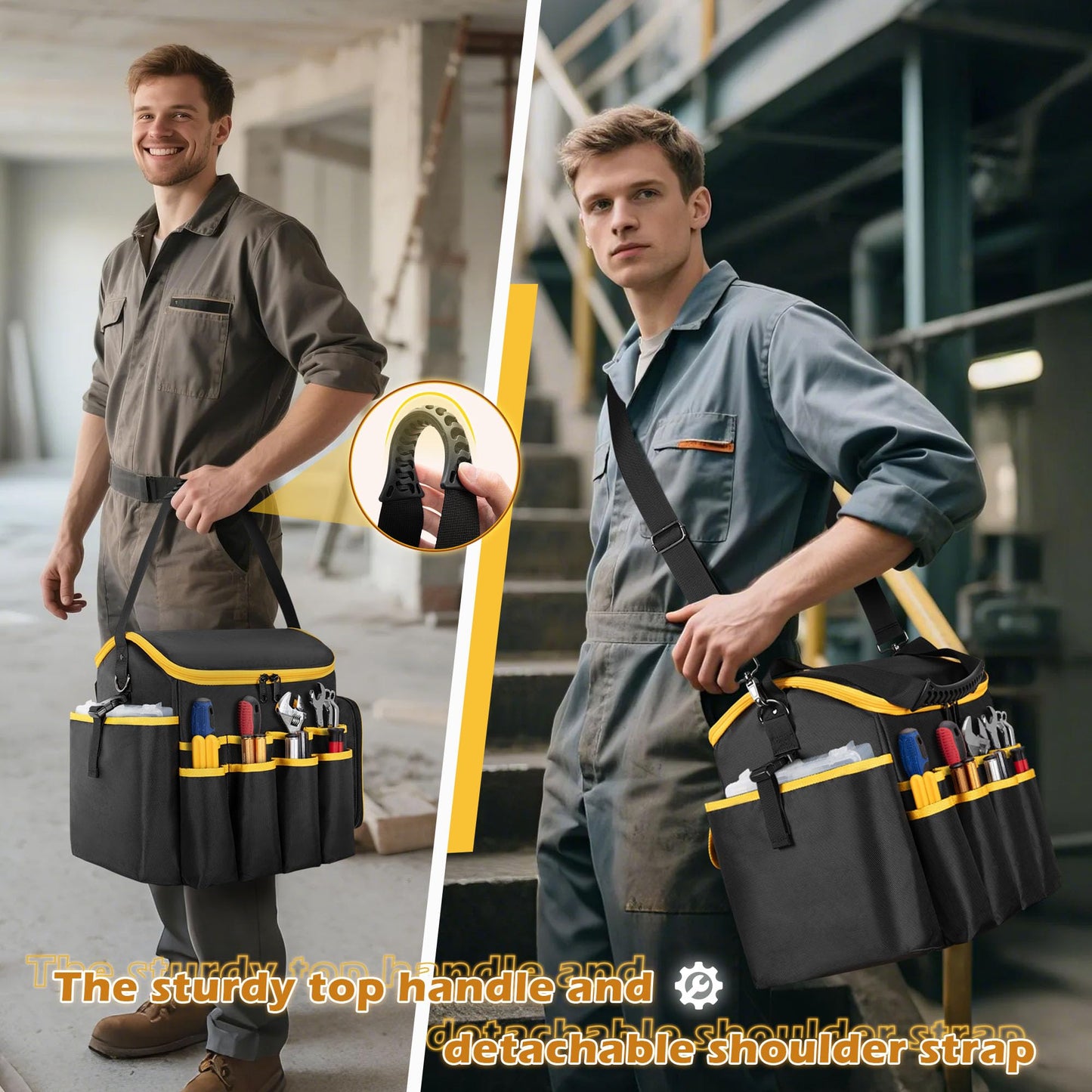 Marscamd Tool Bag with a Detachable Divider and Shoulder Strap, Heavy Duty Tool Tote with Multiple Pockets, Black