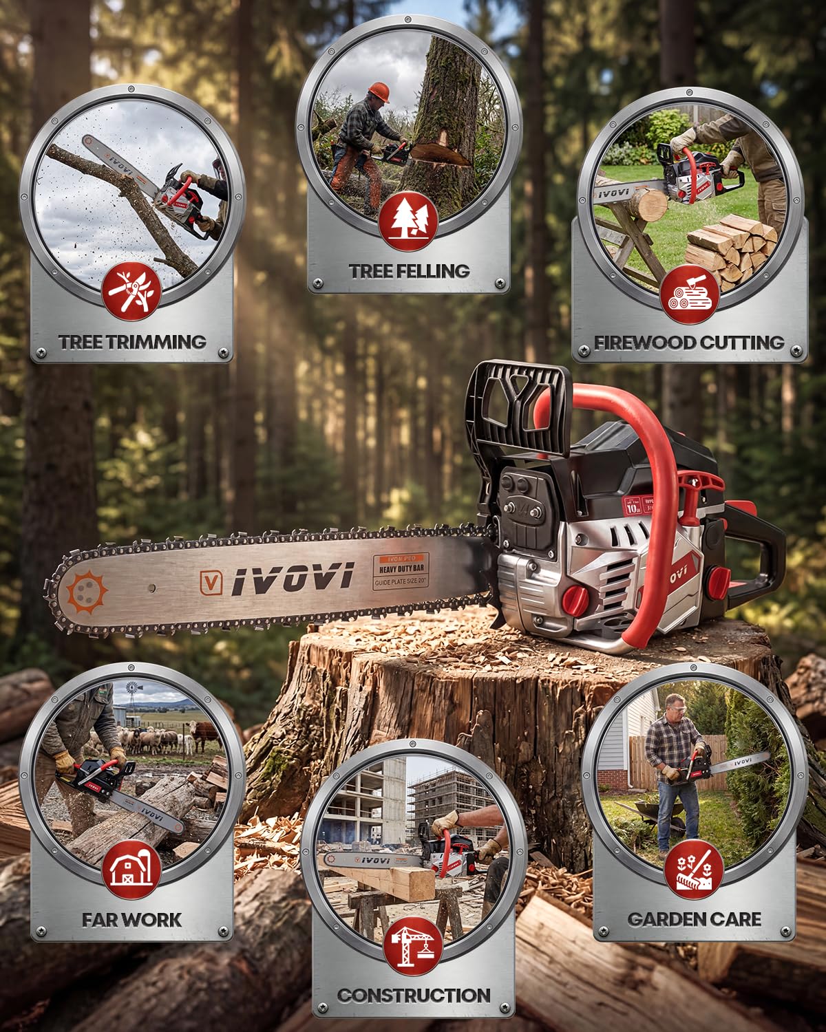 IVOVI 63CC Gas Powered Chainsaw with 20 and 18 Inch Bars, 3.7HP 2-Cycle Engine for Tree Felling, Logging and Firewood Preparation, Includes Portable Carrying Pouch and Tool Kit (Silver Black)