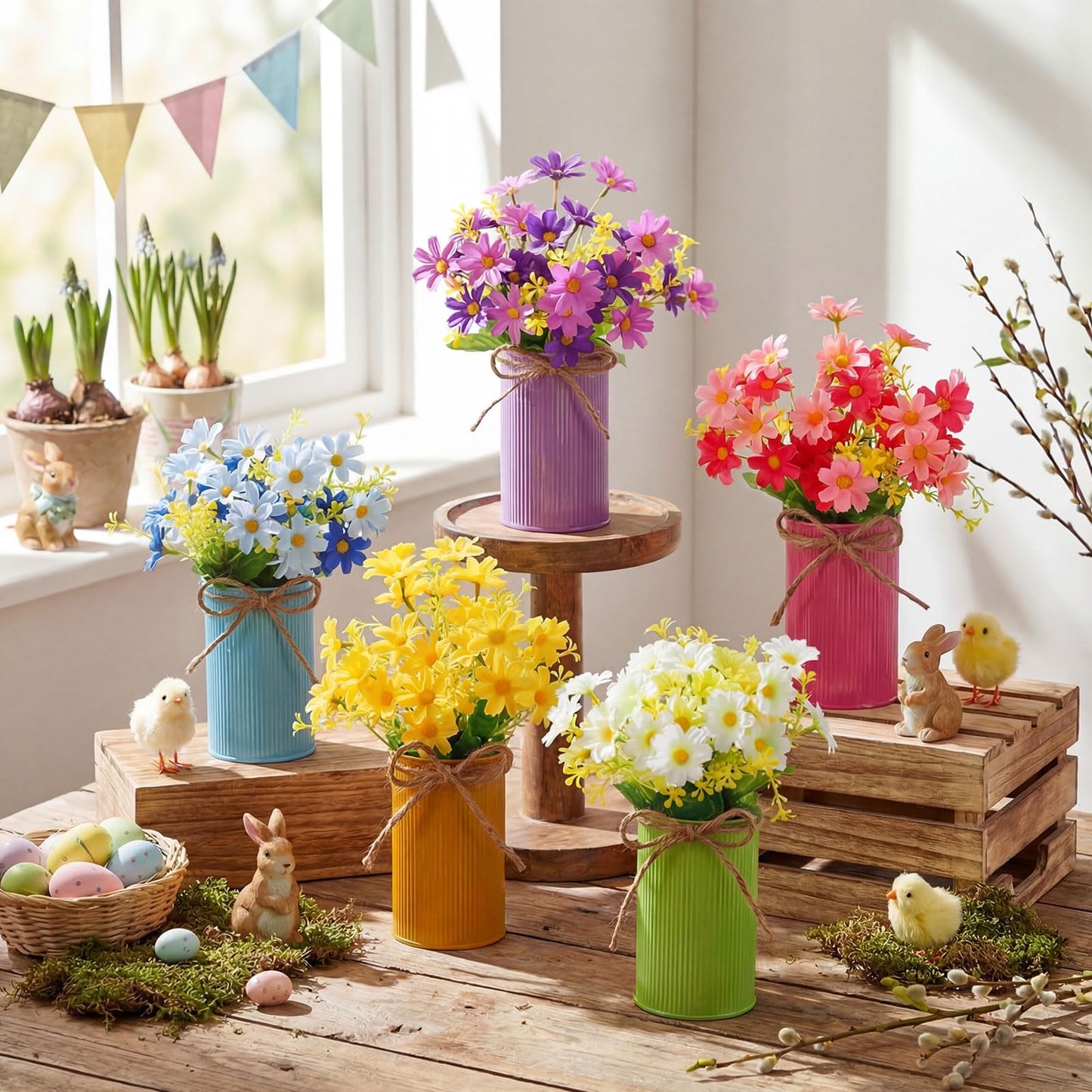 Ferrochef 30 Pcs Spring Centerpiece for Table Spring Office Decoration Galvanized Metal Flower Bucket with Artificial Daisy Flower Bunny Pick, Springs Floral Arrangement for Wedding Birthday Party