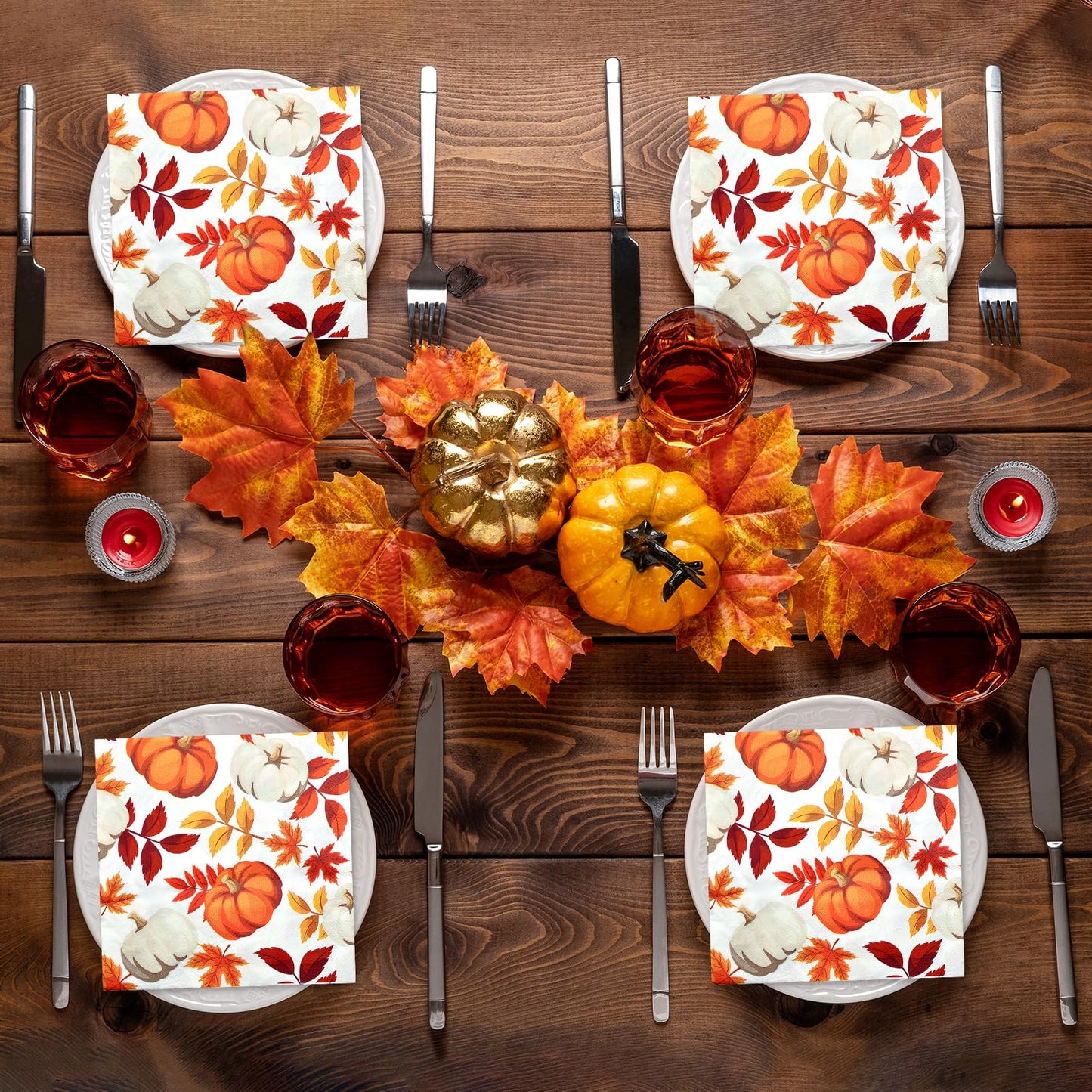 40 Pack Fall Thanksgiving Paper Napkins - 13 x 13 Inches Disposable Pumpkin and Autumn Maple Leaves Pattern Serviettes Tableware Luncheon Cocktail Napkin Party Supplies for Holiday Dinner Decorations