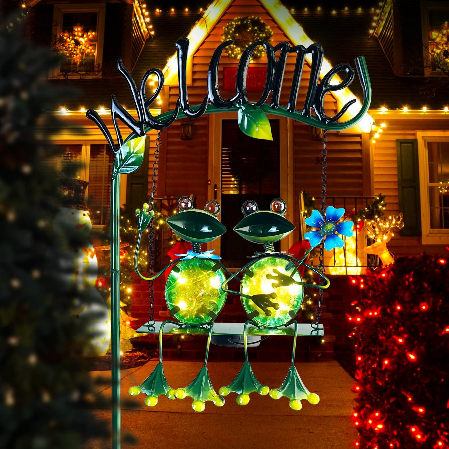 HONGLAND Solar Lights Outdoor Waterproof, Frog Swing Garden Decor, Frog Decorative Stake with Welcome Sign Landscape Patio Yard Gifts for Women Mom (48 inch)