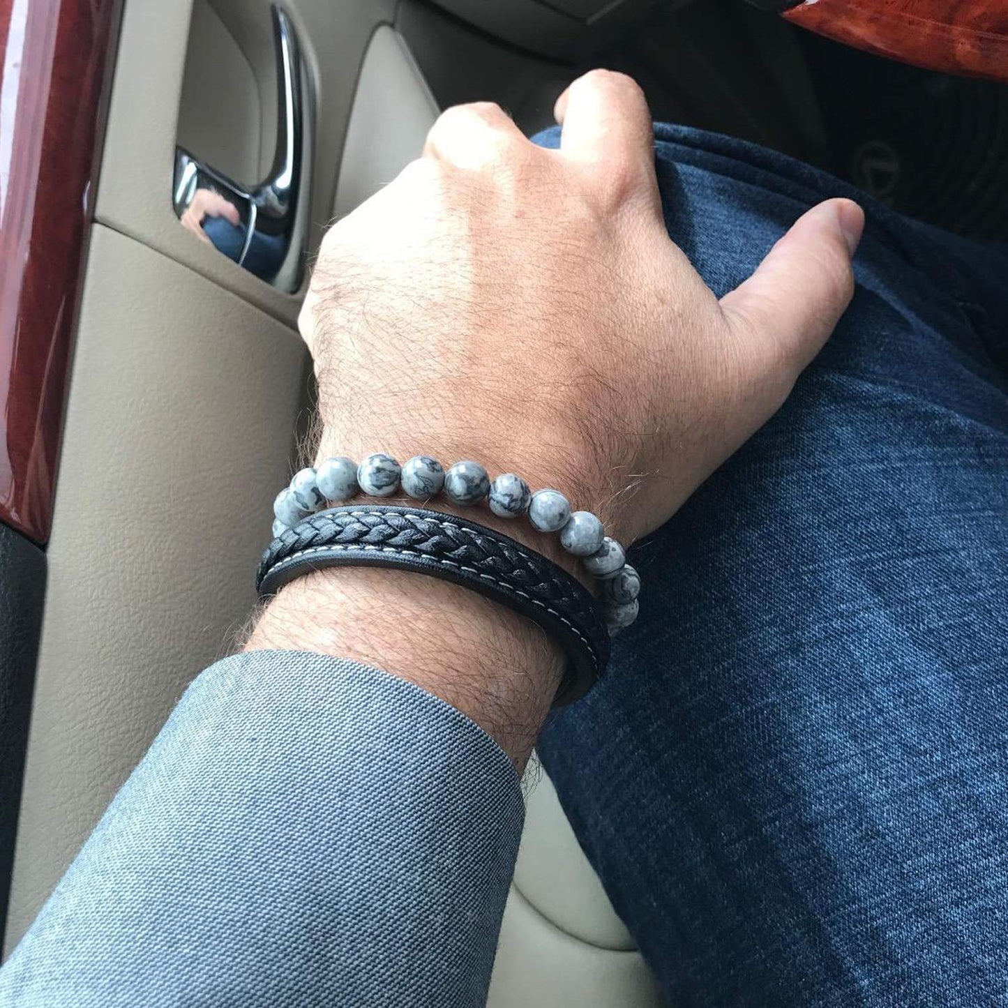Jade cabbage Men Bracelet Natural Natural Semi-Precious Gemstone Bead Chakra Healing Energy Balance Bracelet for Mens Jewelry Gift (8mm Gray 7.7 inches)
