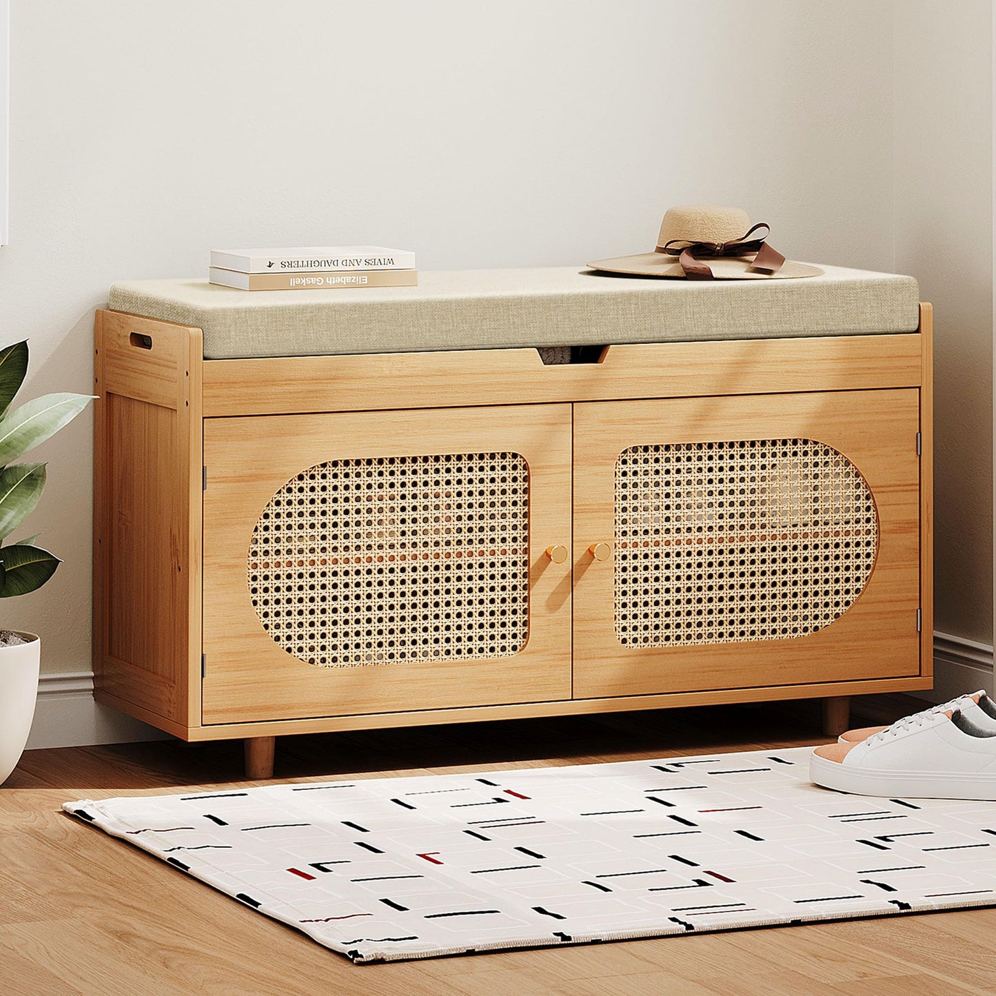 PETKABOO Rattan Shoe Storage Bench, 35.4" Bamboo Entryway Bench, 2-Tier Shoe Rack with 2 Doors & Padded Seat Cushion for Entryway, Living Room, Bedroom