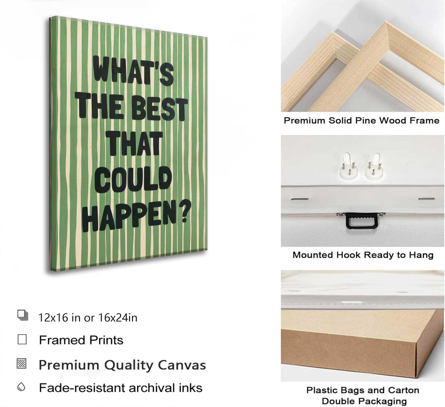 What's The Best That Could Happen Wall Art Green Striped Positive Quotes Canvas Wall Decor Funky Preppy Picture Prints Inspirational Quotes Poster Painting for Bedroom Living Room Picture Framed
