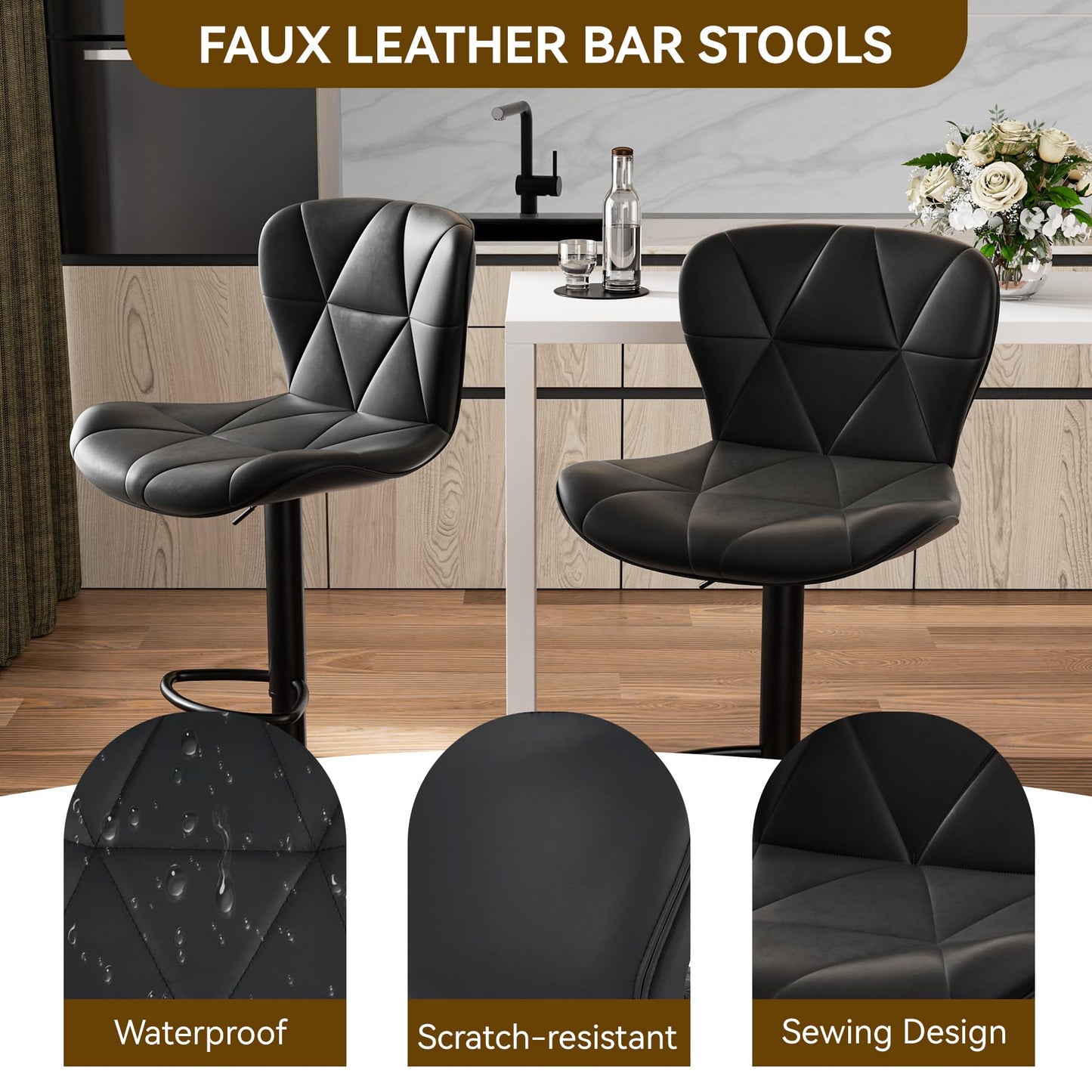 Nalupatio Modern Bar Stools Set of 2, Adjustable Faux Leather Upholstered Swivel Bar Stools, Counter Height Bar Chairs with Back for Kitchen Island, Black