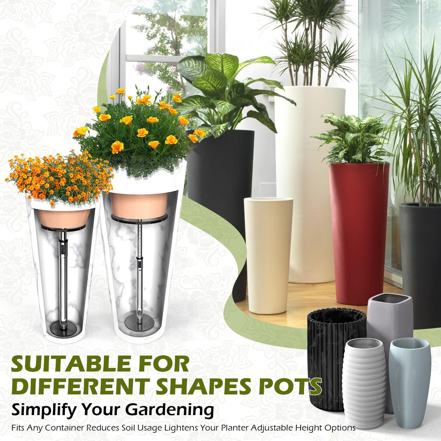 2 Set Adjustable Plant Risers for Inside Pot, Planter Insert for Large Pot, 19.5-32'' Rise Filler Riser of Tall Flower Pots, Metal Lift Insert for Tall Taper Flower Pots (6"8"10" Base or Top)