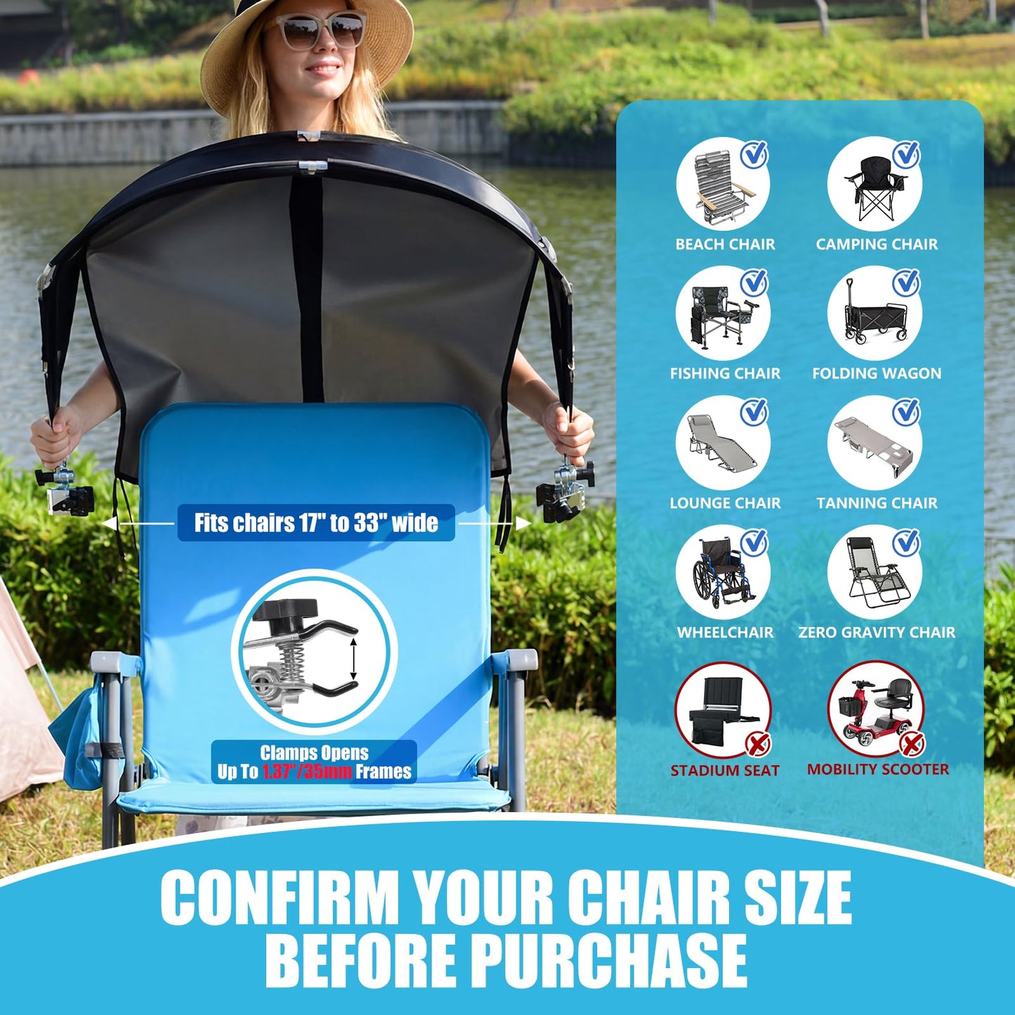 Universal Wind-Resistant Chair Umbrella Canopy, Foldable Portable UPF 50+ Sun Shade Attachment with Adjustable Clamp, Fits Most Beach, Outdoor, Camping, Lawn, Zero Gravity Chairs, Wheelchairs, 2 Pack