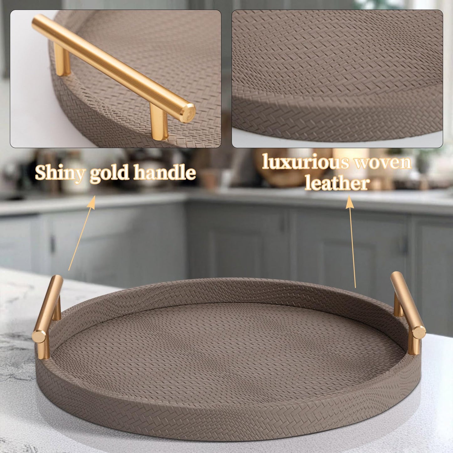 MACVAD 2 Piece Coffee Brown Round Serving Tray with Handles, Woven-Texture Faux Leather Ottoman Tray for Living Room, Decorative Tray for Coffee Table Home Decor