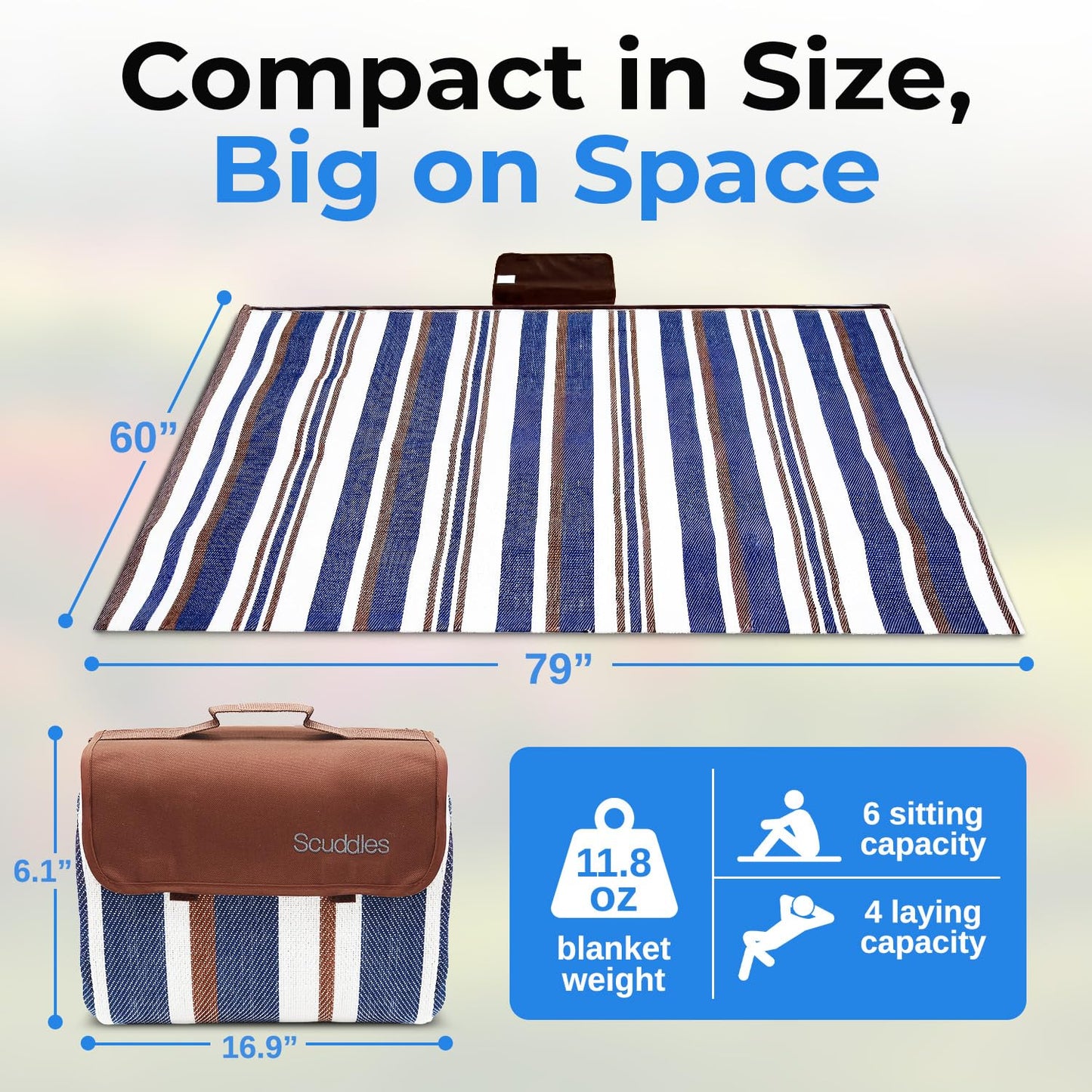 scuddles Extra Large Picnic Blanket – 60" x 80" Waterproof Outdoor Mat with Soft Dual-Layer Comfort, Foldable Travel Rug for Beach, Camping, Lawn, Parks & Family Picnics