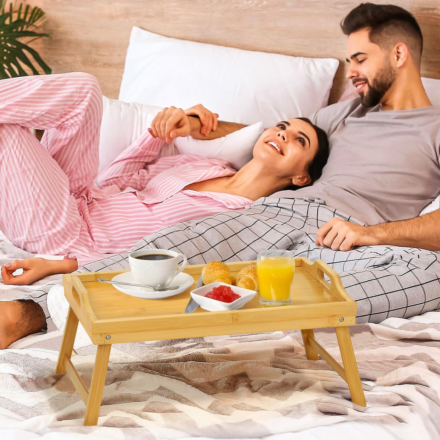 2 Pack Bamboo Bed Tray Table, Folding Legs and Handles, Breakfast Tray, Laptop Desk for Bed or Sofa, Serving Tray for Eating, Working, Reading,Picnic
