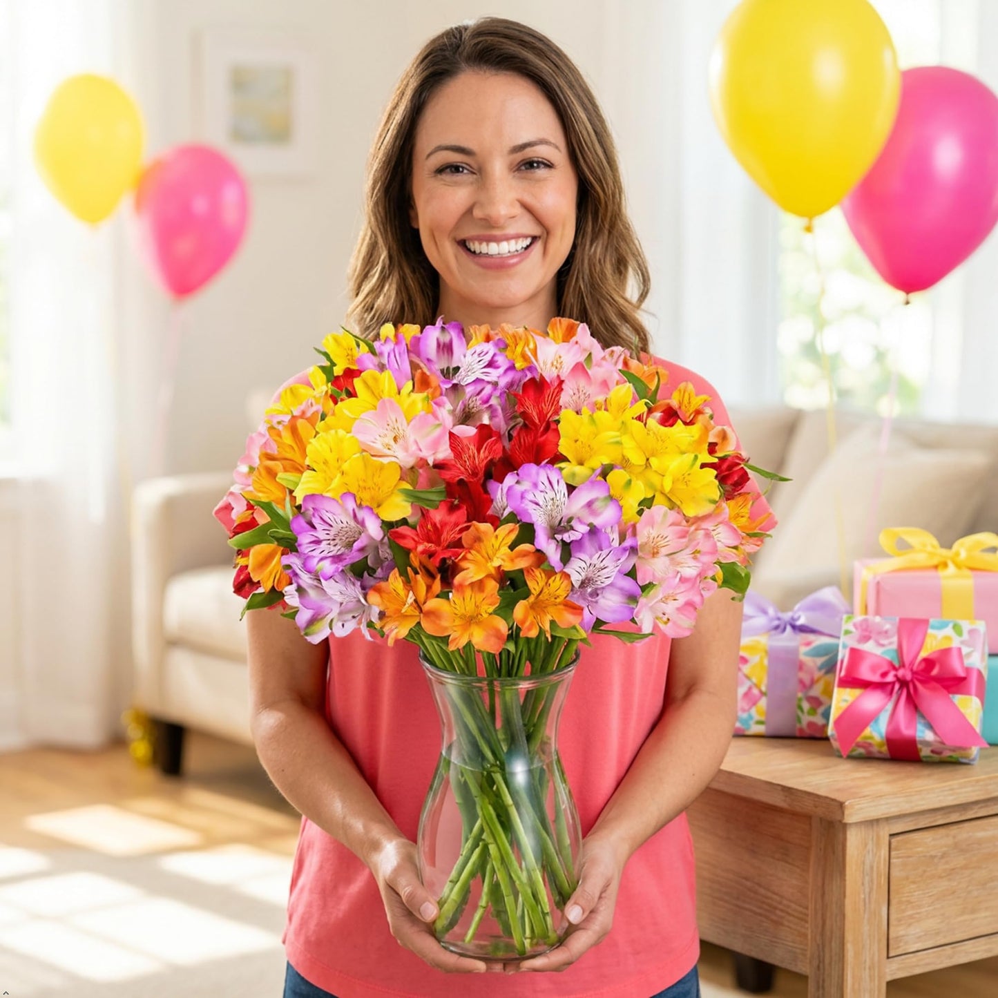 Benchmark Bouquets - Alstroemeria Fresh Flower Bouquet - Mothers Day Flowers for Delivery - Assorted Peruvian Lilies in a Vase - Birthday Flowers for Women - Glass Vase Included (20 Stems)