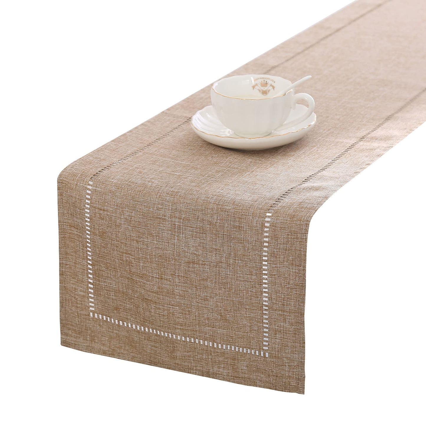 Tosewever Decorative Linen Table Runner Farmhouse Style Tabletop Collection 14 x 108 Inches Table Runners for Everyday Dining Wedding Party Holiday Home Decor (14" x 108", Light Coffee/Straight)