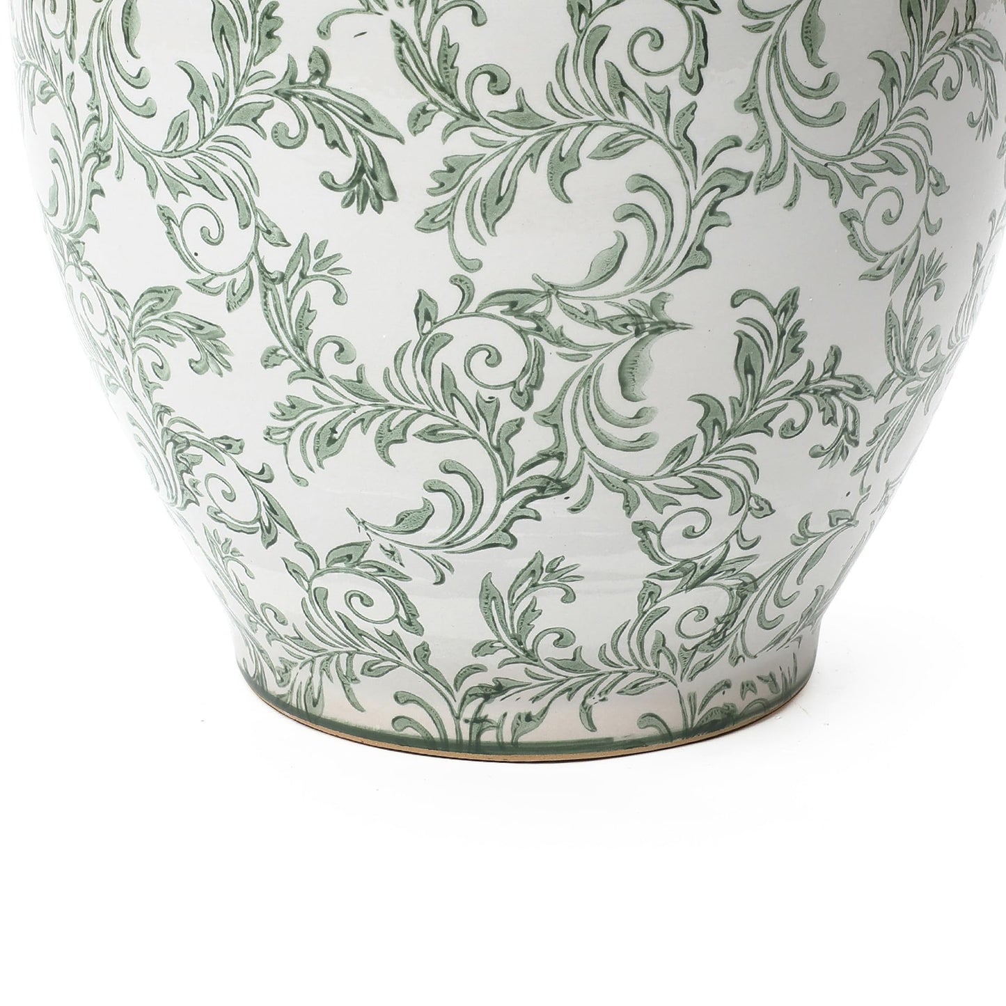 LuxenHome 11.4" Dia Round Ceramic Plant Pots with Floral Pattern, Green and White Large planters for Indoor Outdoor Plants with Drainage Hole, Decorative Flower Pot for Home Garden Patio
