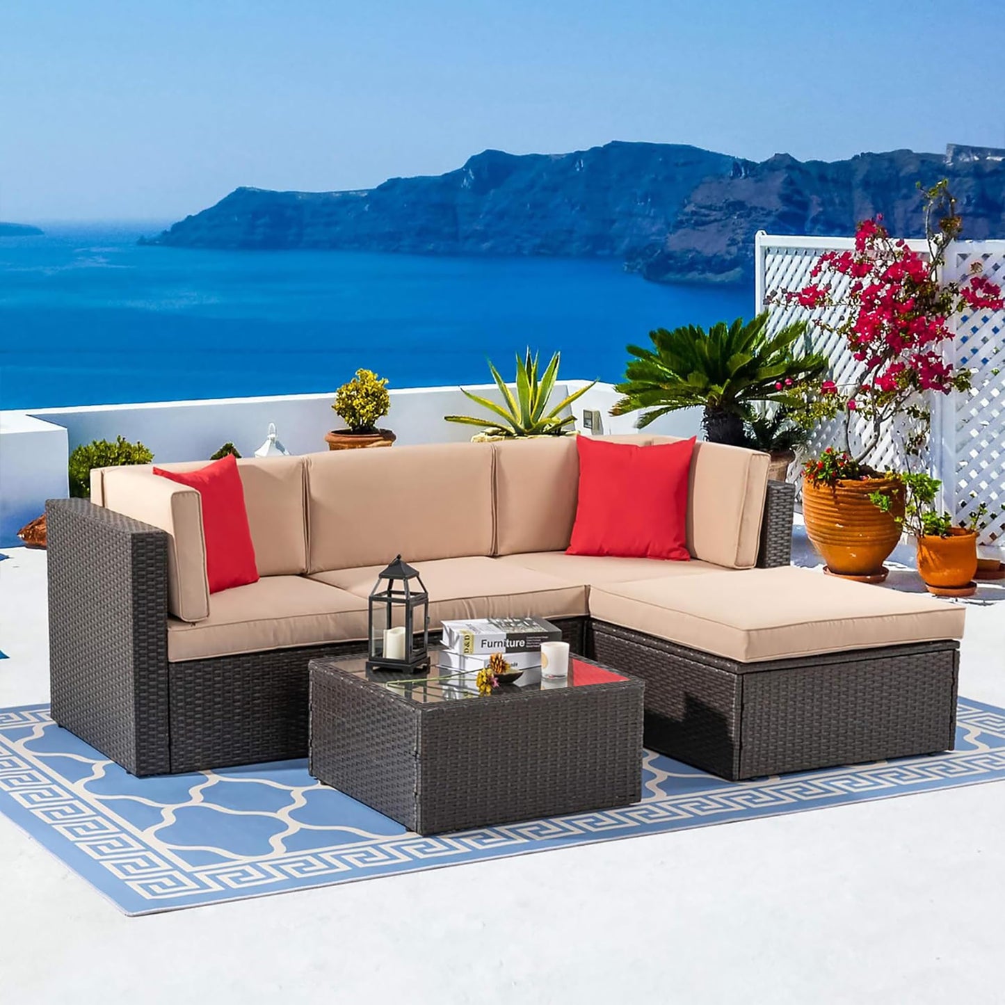 Vongrasig 5 Piece Patio Furniture Sets, Outdoor Patio Set Sectional Sofa, All-Weather PE Rattan Outdoor Couch with Ottoman, Glass Table for Garden, Backyard, Porch, Beige