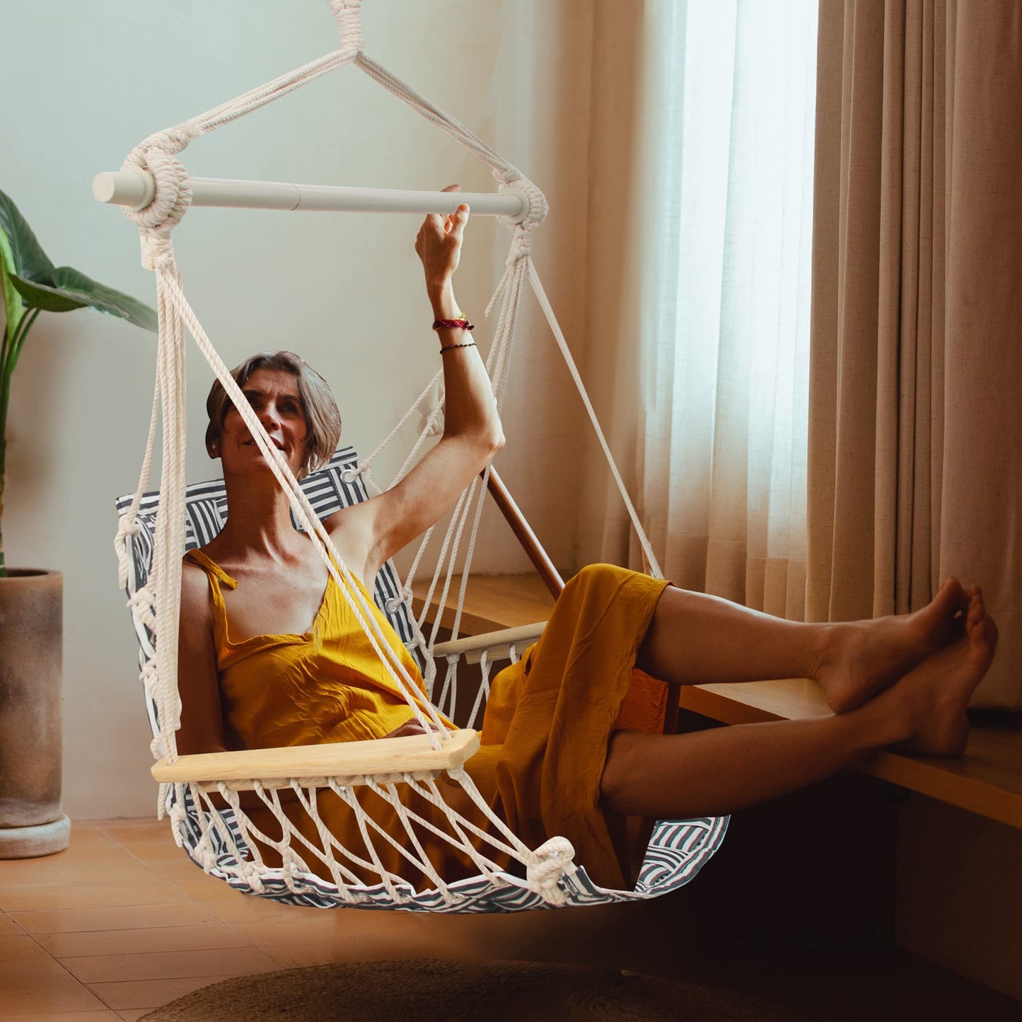 [Upgraded] Hammock Chair Hanging Swing with Wooden Armrests;Steel Spreader Bar and Anti-Slip Rings;Cotton Woven Fabric;Up to 300 Lbs for Bedroom,Patio,Porch,Deck-Indoor Midnight Blue Stripe
