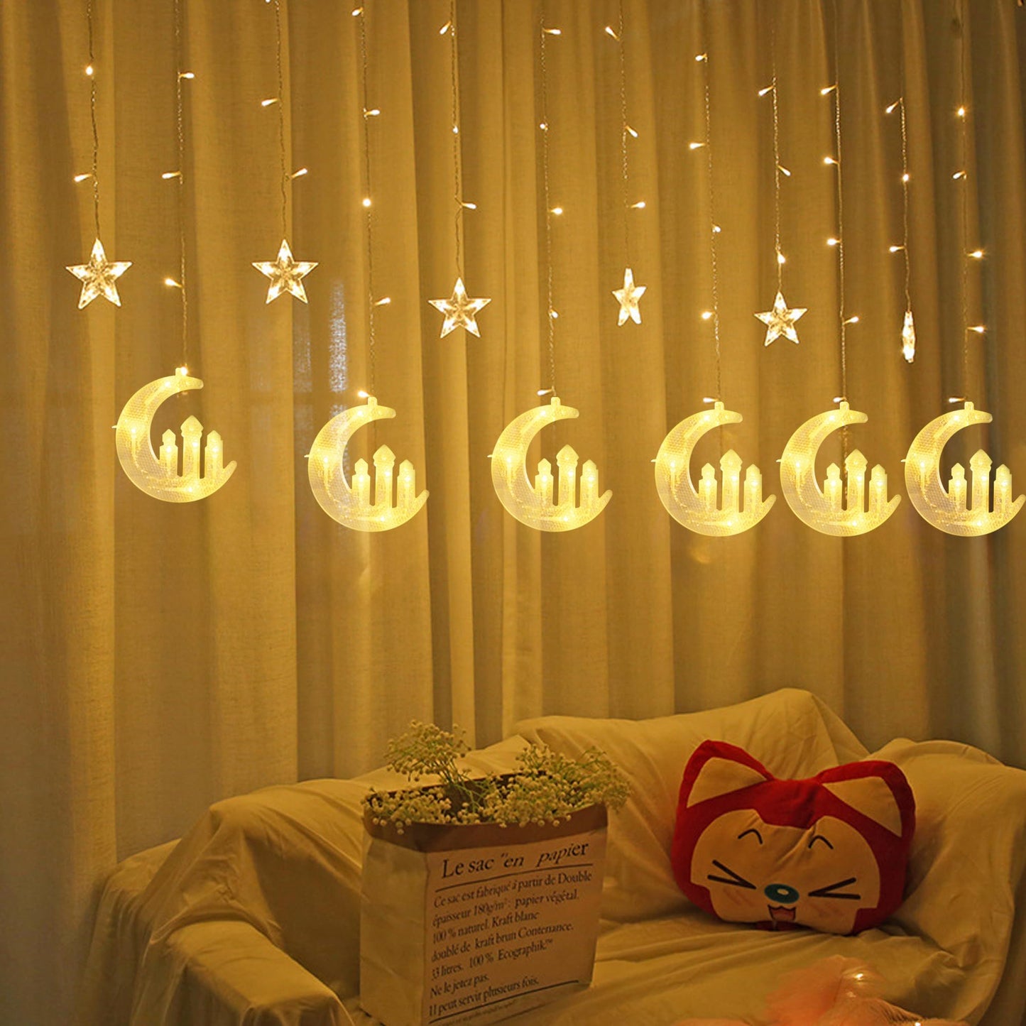 Dazzle Bright Moon Star and Fairy Tale Castle String Lights, 138 LED Muslim Curtain Fairy String Lights, 8 Lighting Modes for Home Holiday Ramadan Christmas Wedding Party Xmas Eid Decorations(USB)