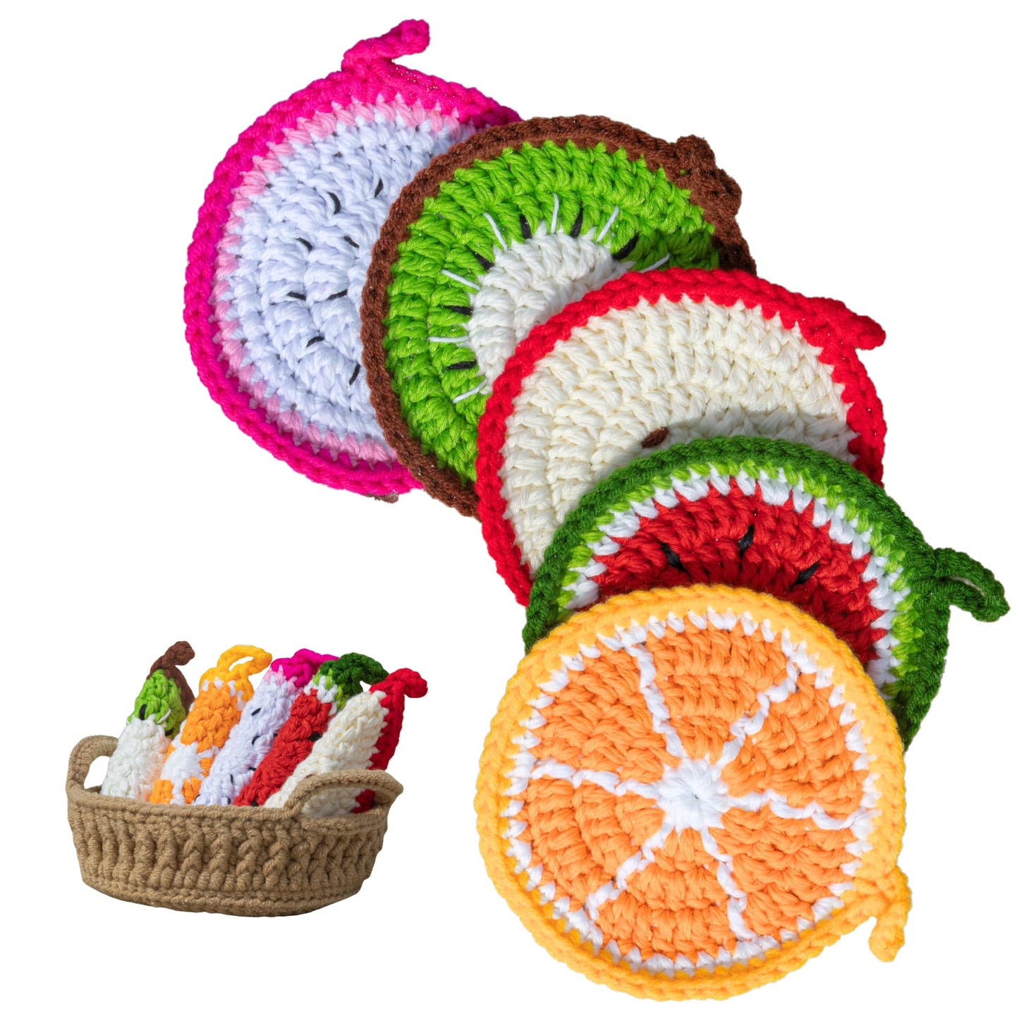 Handmade Yarn Coasters with Storage Basket, 5-Pack Soft Crochet Drink Coasters, Washable Durable Cup Coasters, for Mom, Coffee Lovers (Fruit)