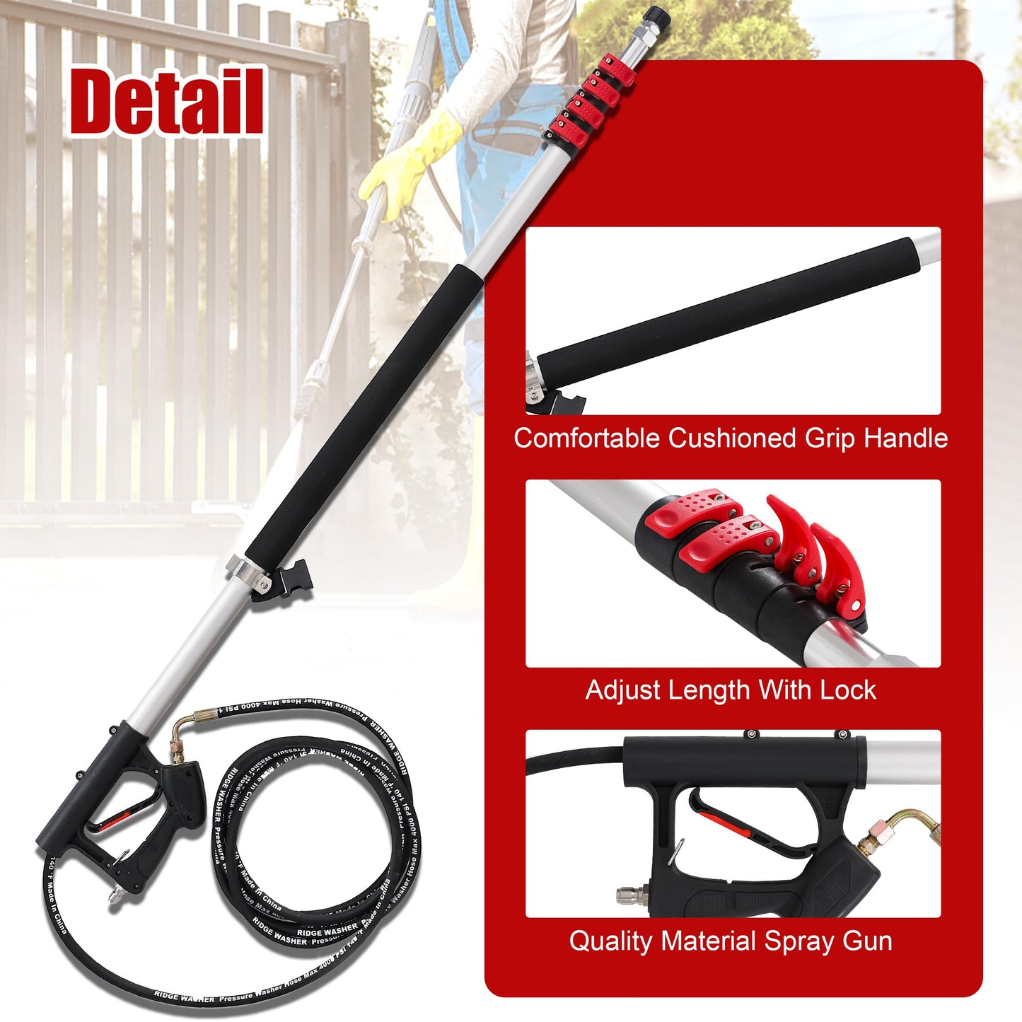 RIDGE WASHER 24 FT Telescoping Pressure Washer Wand, Pressure Washer Extension Wand, Telescopic Gutter Cleaner With 3 Curve Wands, 7 Spray Nozzle Tips, Adjustable Support Belt and 2 Adapters, 4000 PSI