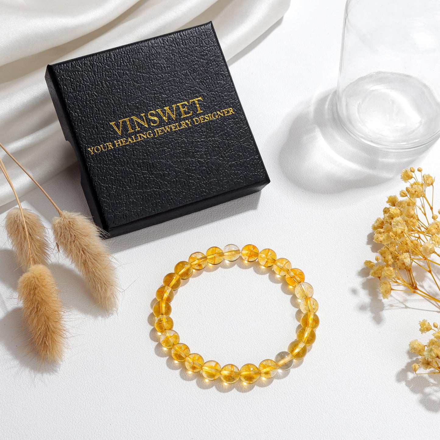 Vinswet Healing Crystal Bracelets for Women Men 8mm Citrine Natural Stone Beaded Stretch Bracelet Handmade Gemstone Reiki Spiritual Jewelry Gifts