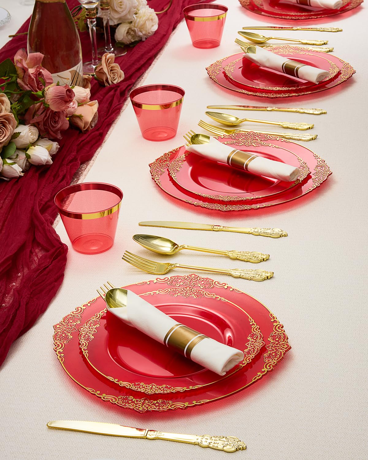 Goodluck 350 Piece Red Dinnerware Set for 50 Guests, Fancy Disposable Plates, Include: 100 Gold Rim Plastic Plates, 150 Silverwares, 50 Pre Rolled Napkins, 50 Cups for Party, Wedding