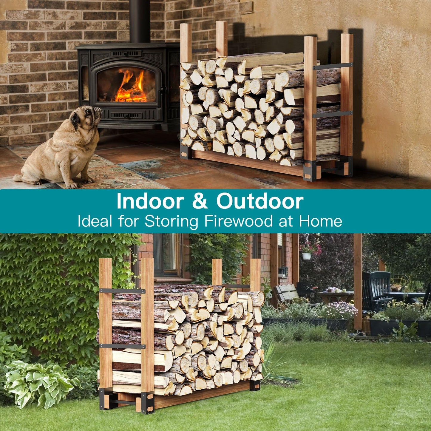 Eibikdi Firewood Rack Outdoor, Adjustable Length Wood Storage Brackets Kit, Log Stacking Stand Holder for Outdoor Indoor Fireplace, Wood Burning Fire Pits, Black, Set of 2