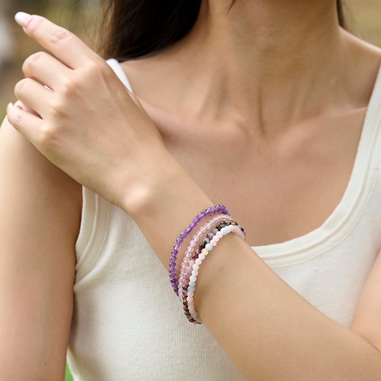 Bivei Amethyst - Calms - 4mm Beaded Bracelets for Women Handmade Semi Precious Natural Stone Stretch Elastic Jewelry Yoga Protection Gifts Small