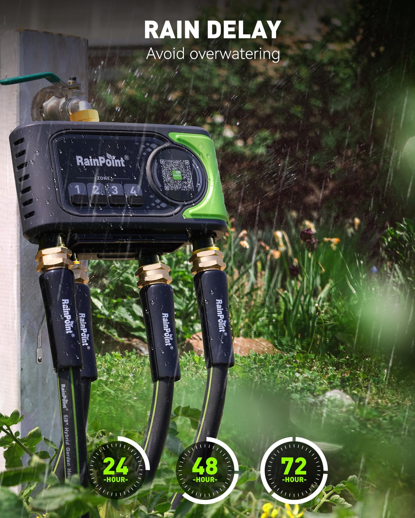 RAINPOINT WiFi Sprinkler Timer 4 Zone, Outdoor Smart Water Timer for Garden Hose with Brass Inlet&Outlet, Custom Programs via APP/Voice Control for Automatic Watering System