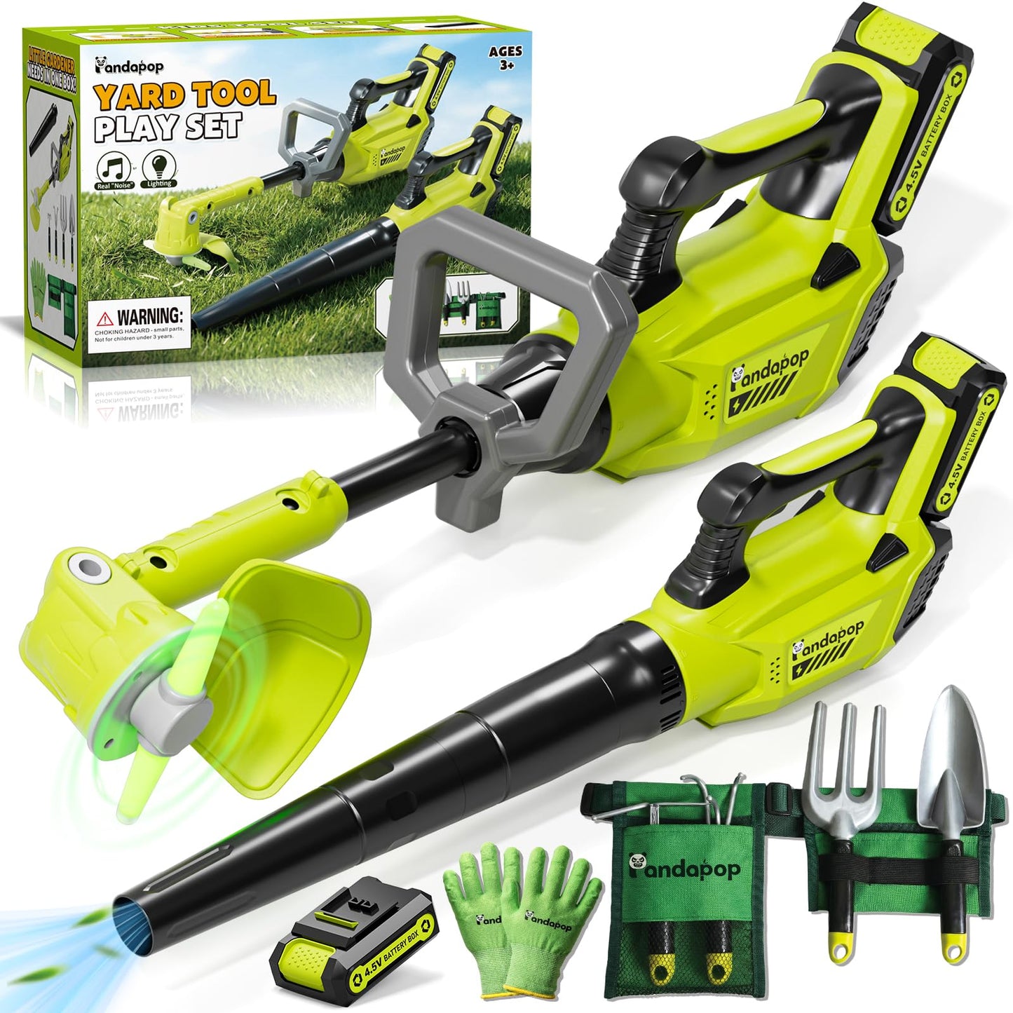 Pandapop Kids Gardening Tools Set, 2 In 1 Kids Leaf Blower & Toy Lawn Mower with Sounds & Lights, Kids Tool Set with Belt & Gloves, Outdoor Play Toy Tools, Christmas Birthday Gifts for Boys 3 4 5 6 7+