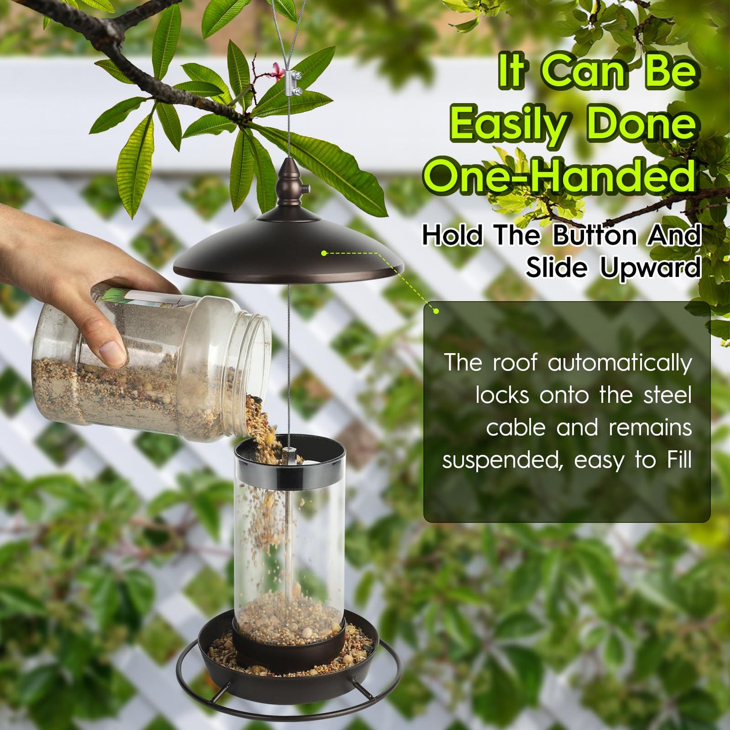 Metal Roof Bird Feeder for Outdoors - 360° Feeding Perch. Green