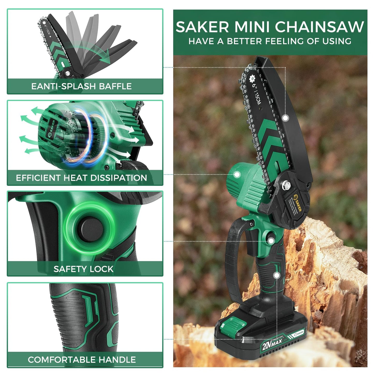 Saker Mini Chainsaw,6 Inch Portable Electric Chainsaw Cordless, Small Handheld Chain saw for Tree Branches,Courtyard, Household and Garden,Gift for Men Dad(SK1806D-G)