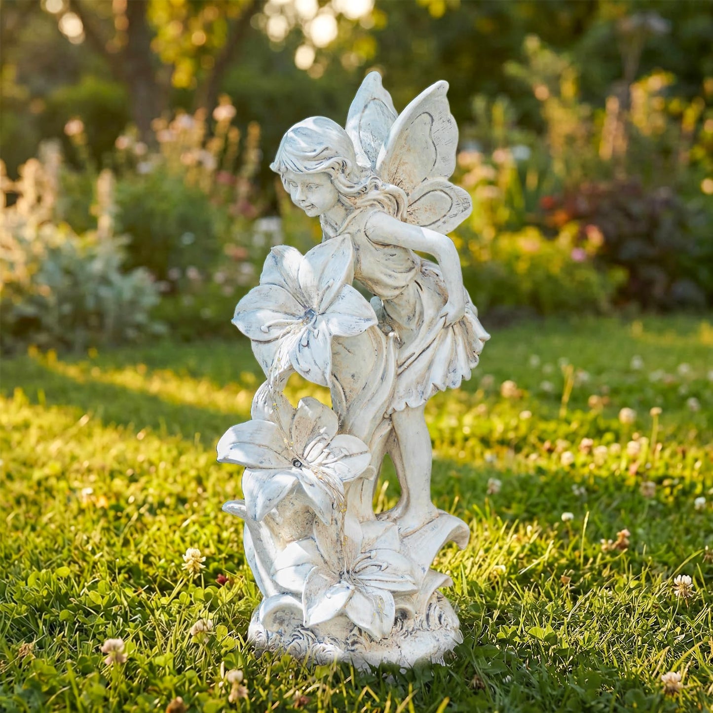 Ovewios Angel Garden Statue Outdoor, Solar Powered Resin Garden Sculptures Fairy Angel Statues Waterproof LED Lights Yard Art Decorations for Outside Patio Lawn Ornament Gardening Gifts