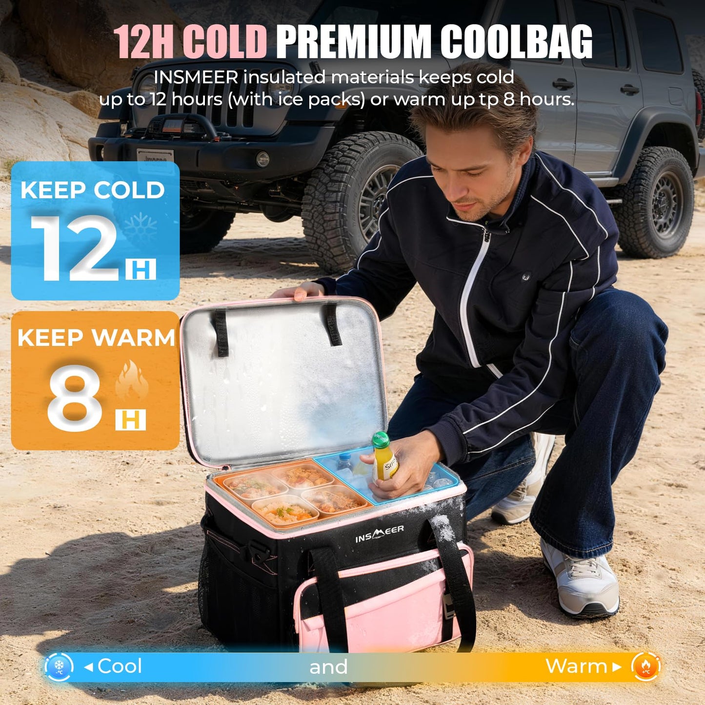 INSMEER Soft Cooler Bag with Hard Shell & 4 Cup Holders, 55 Cans 40L Collapsible Soft Sided Cooler, 100% Leakproof Insulated Cooler Bag Portable for Beach Travel Camping Picnic