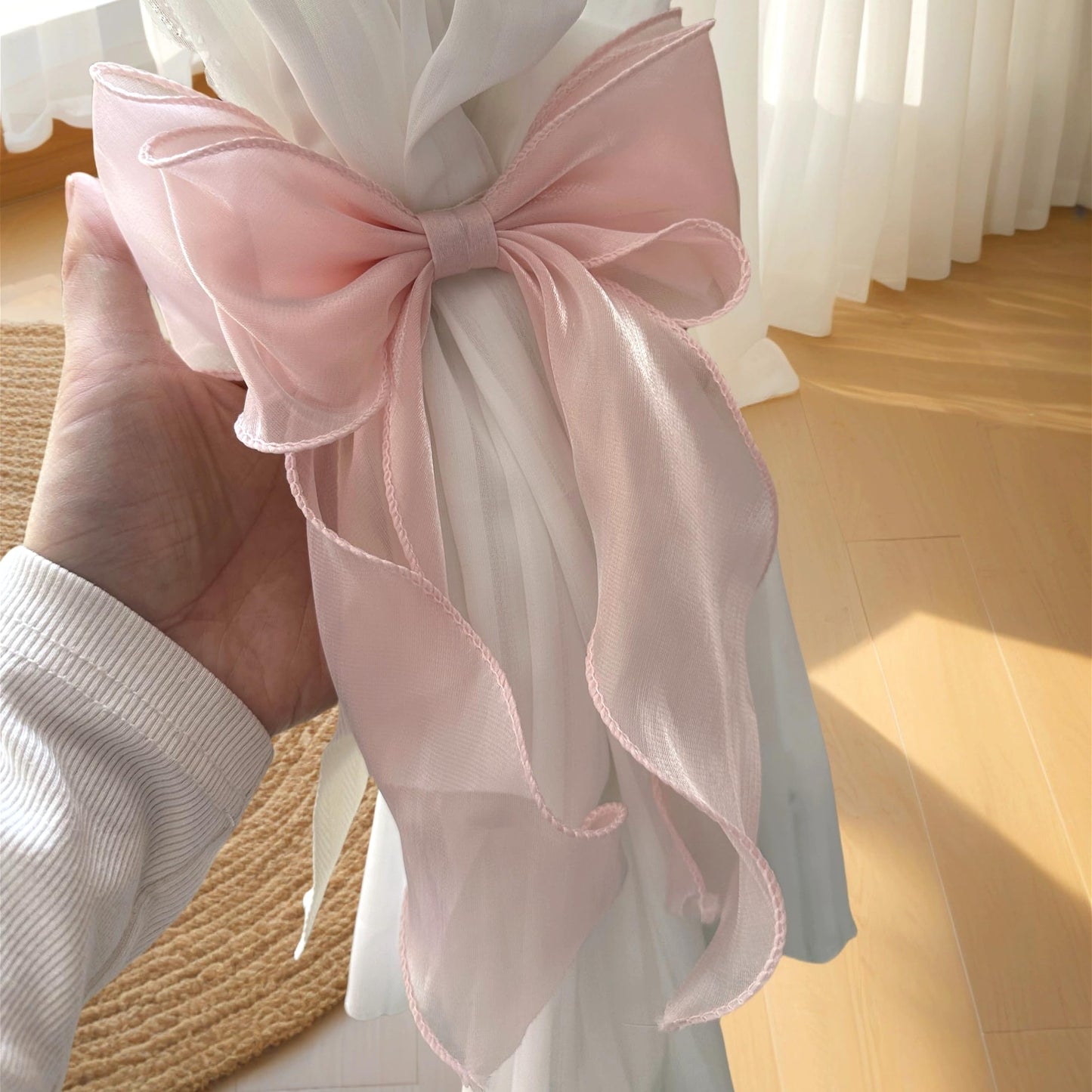 2 Pack French Silky Bow Curtain Tiebacks, Elegant Lace Ribbon for Curtains Decorative Rope Accessories Home Décor (Pink,2)