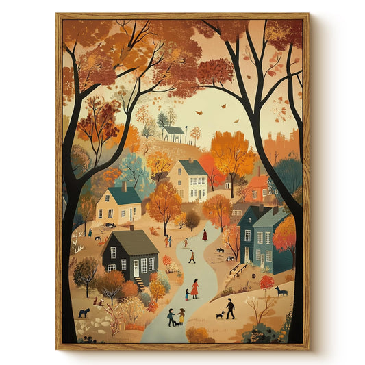 WHASAYART Autumn Cozy Village Landscape Scene 12x16 Framed Canvas Print, Rustic Fall Country Trees Wall Art with Warm Colors, Thanksgiving House Office Entryway Seasonal Decor