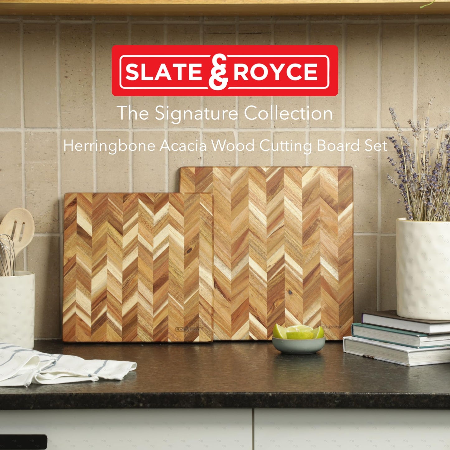 SLATE & ROYCE Herringbone Acacia Wood Cutting Board Set of 2 — Premium Wood Cutting Board & Serving Board, Non-Toxic, Kitchen Prep & Entertaining, Perfect Wedding or Housewarming Gift