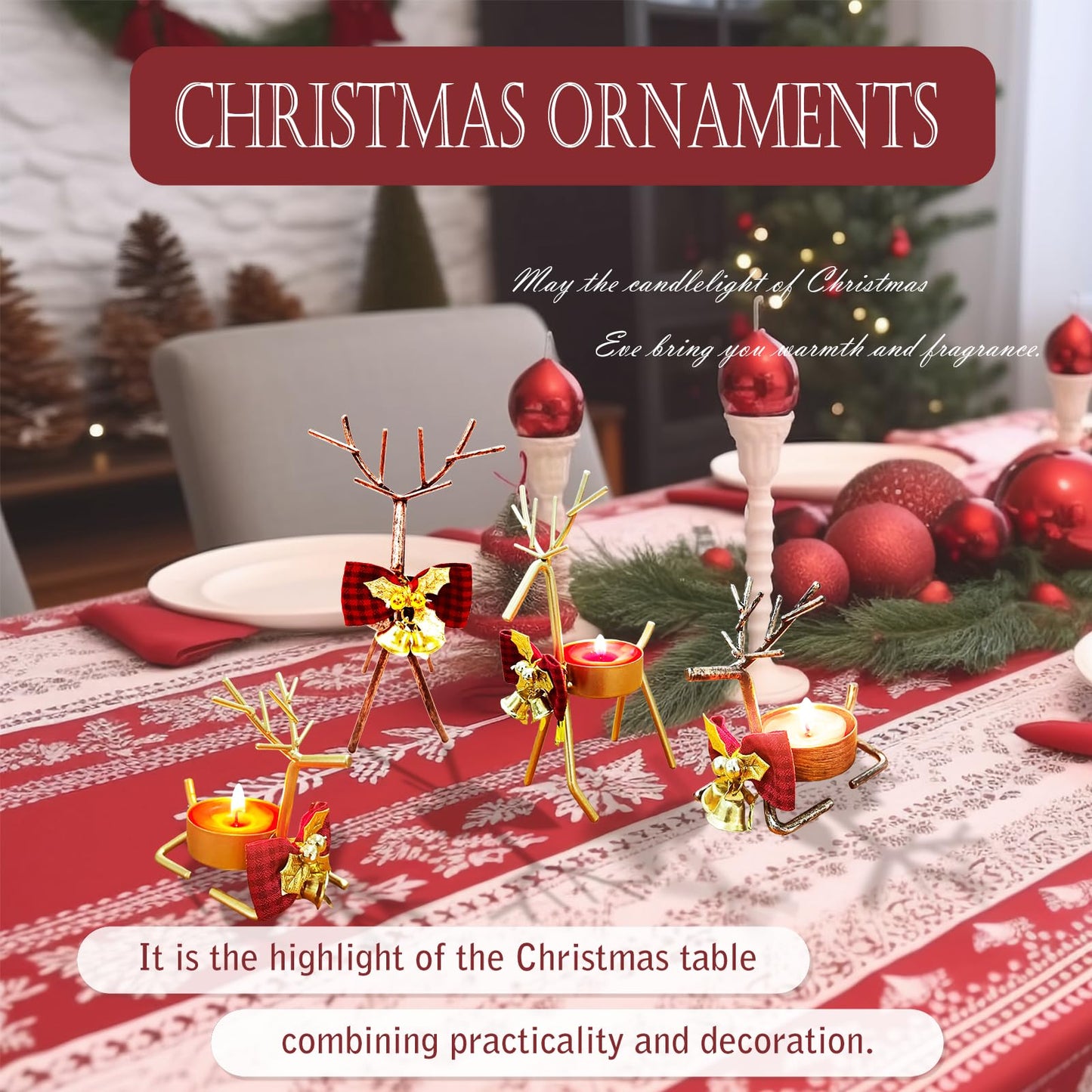 Kornnapa 4pcs Christmas Candle Holder, Reindeer Tealight Candle Holders Christmas Table Centerpieces Decorations Ornaments Metal Deer Dining Tabletop Holiday Decor Display Stainless Steel