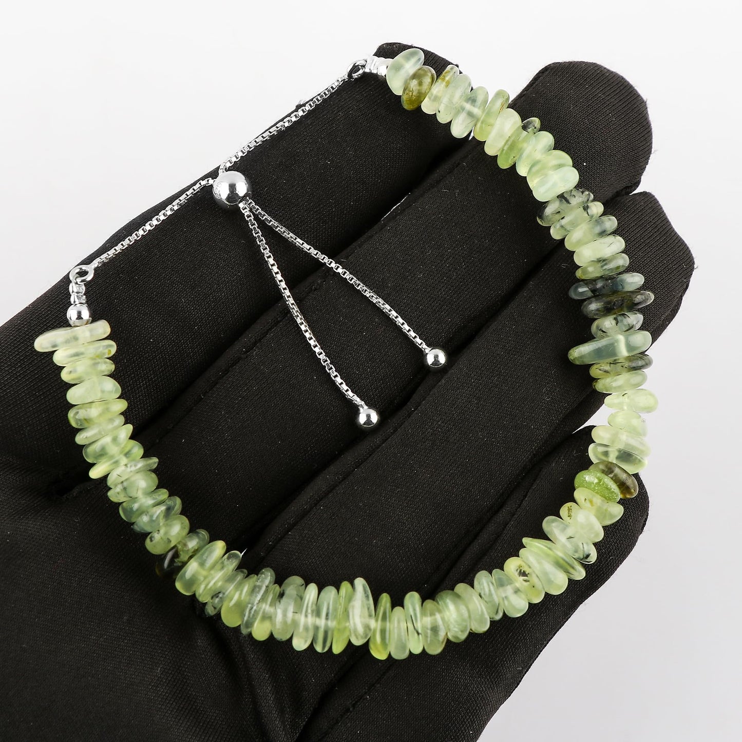 CRYSTALIS Natural Prehnite Plain Submarine Beads Adjustable Bracelet, High Grade Gemstones, Chakra Healing Stones, Gift Giving Jewelry, 925 Sterling Silver Womens Bracelet 8 inch