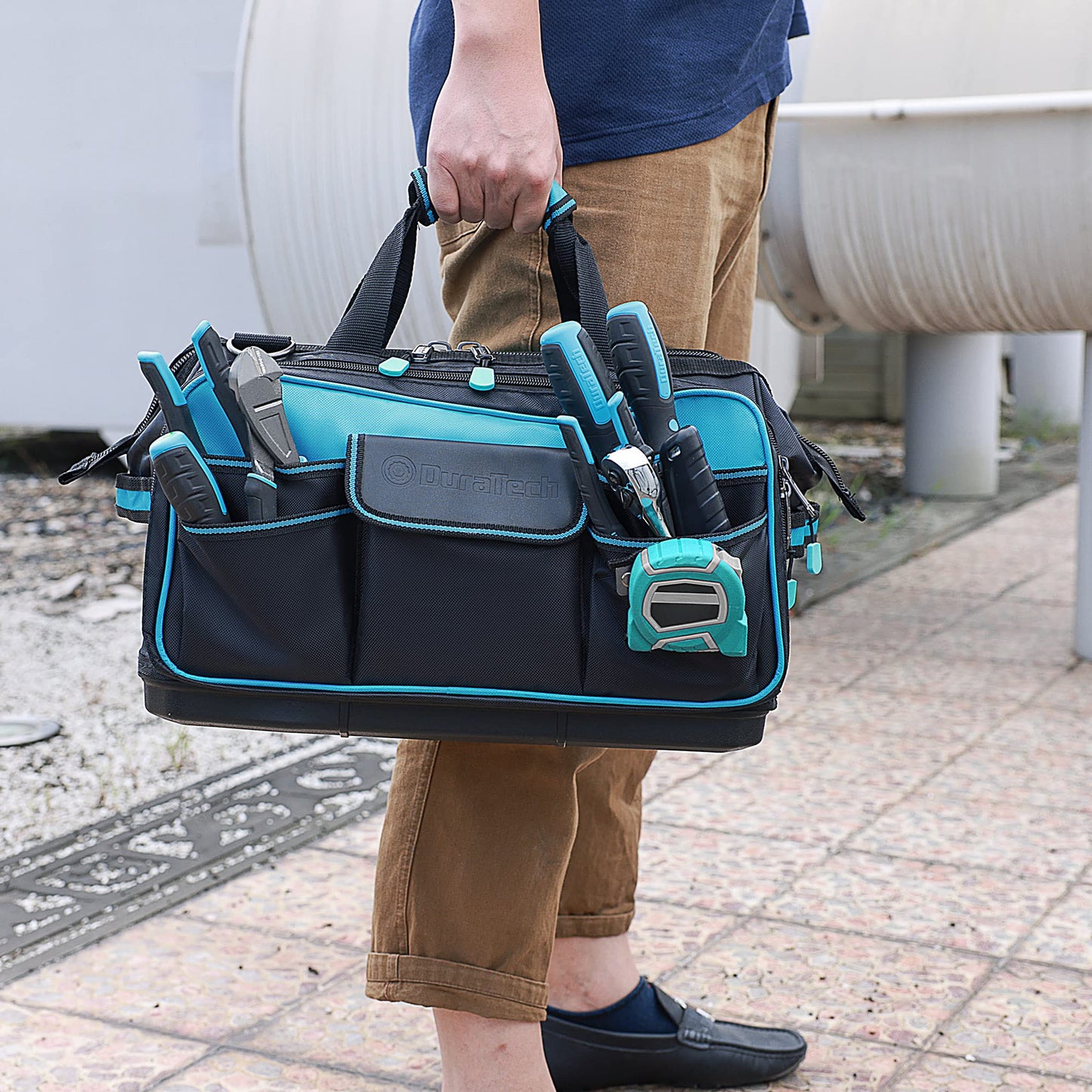 DURATECH 17" Wide Mouth Tool Bag, Large Storage 32 Pocket Tool Bag Organizer with Water Proof Molded Base, Adjustable Strap, Clip Design, 840D Oxford Fabric