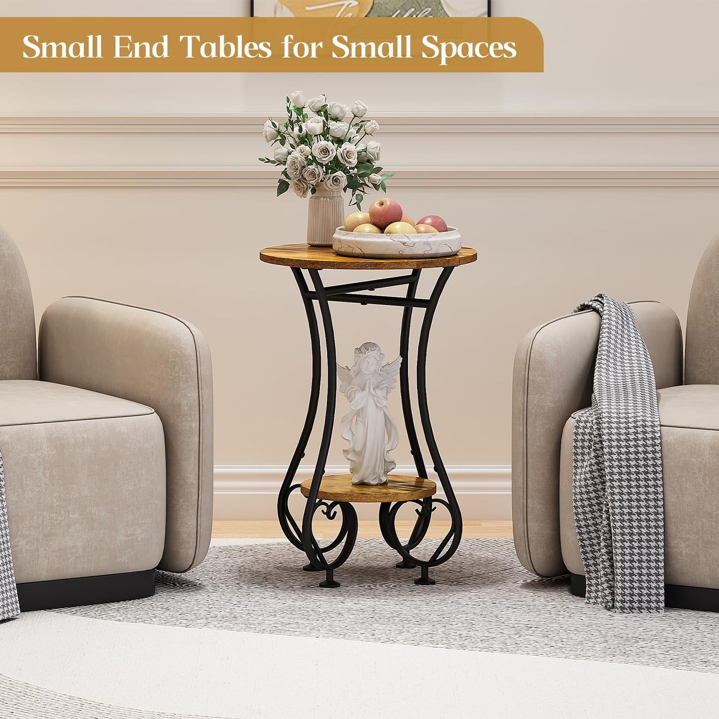 X-cosrack Small Round Side Table with Lower Shelf for Small Spaces, Compact End Table for Sofa, Bedside Nightstand, Coffee & Drink Table for Living Room, Bedroom, Balcony