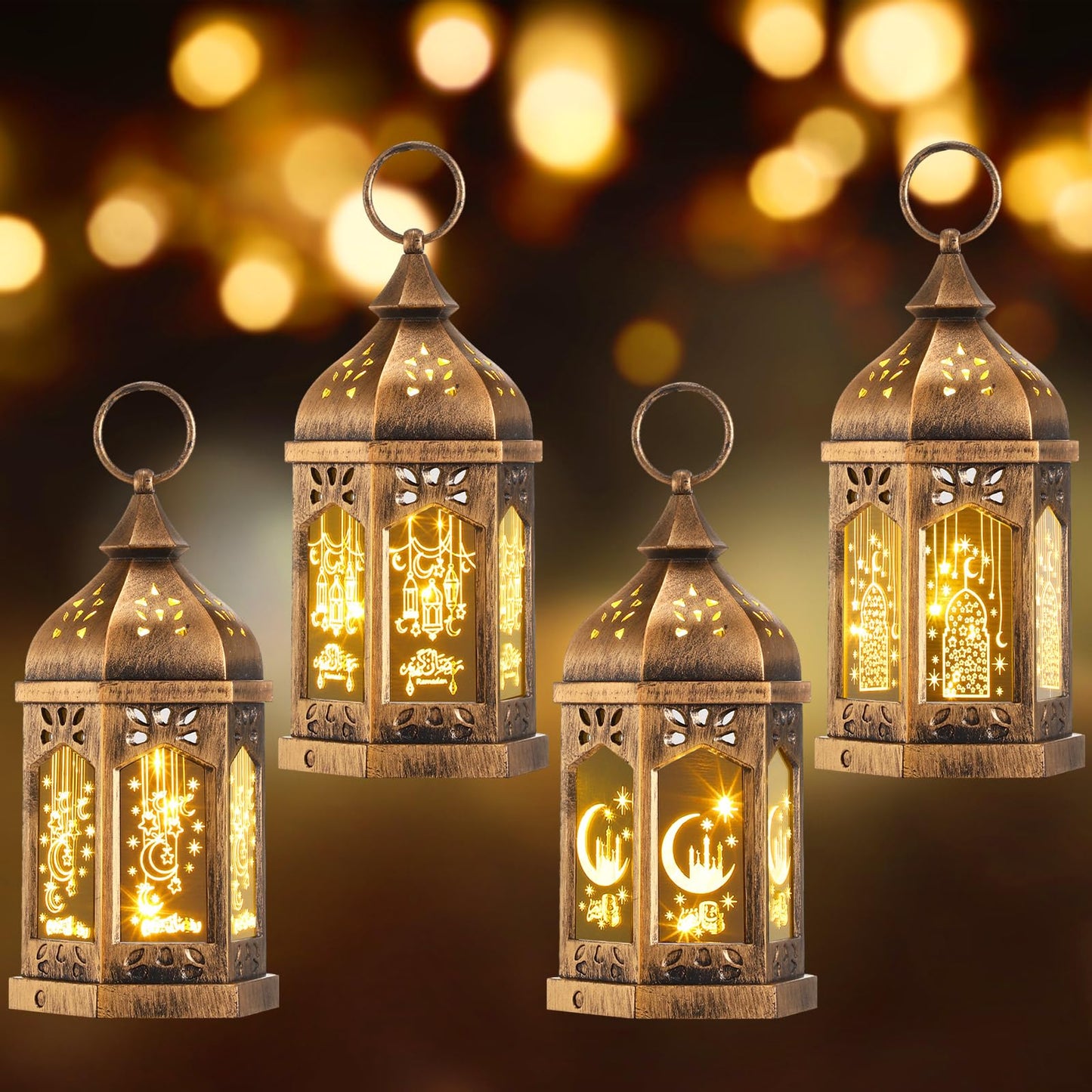 Retisee 4 Pcs 7" Ramadan Large Eid Mubarak Lantern Moon Star Hanging LED Lantern for Home Patio Table Wedding Centerpiece Festival Decoration (4 Styles,Bronze Gold)