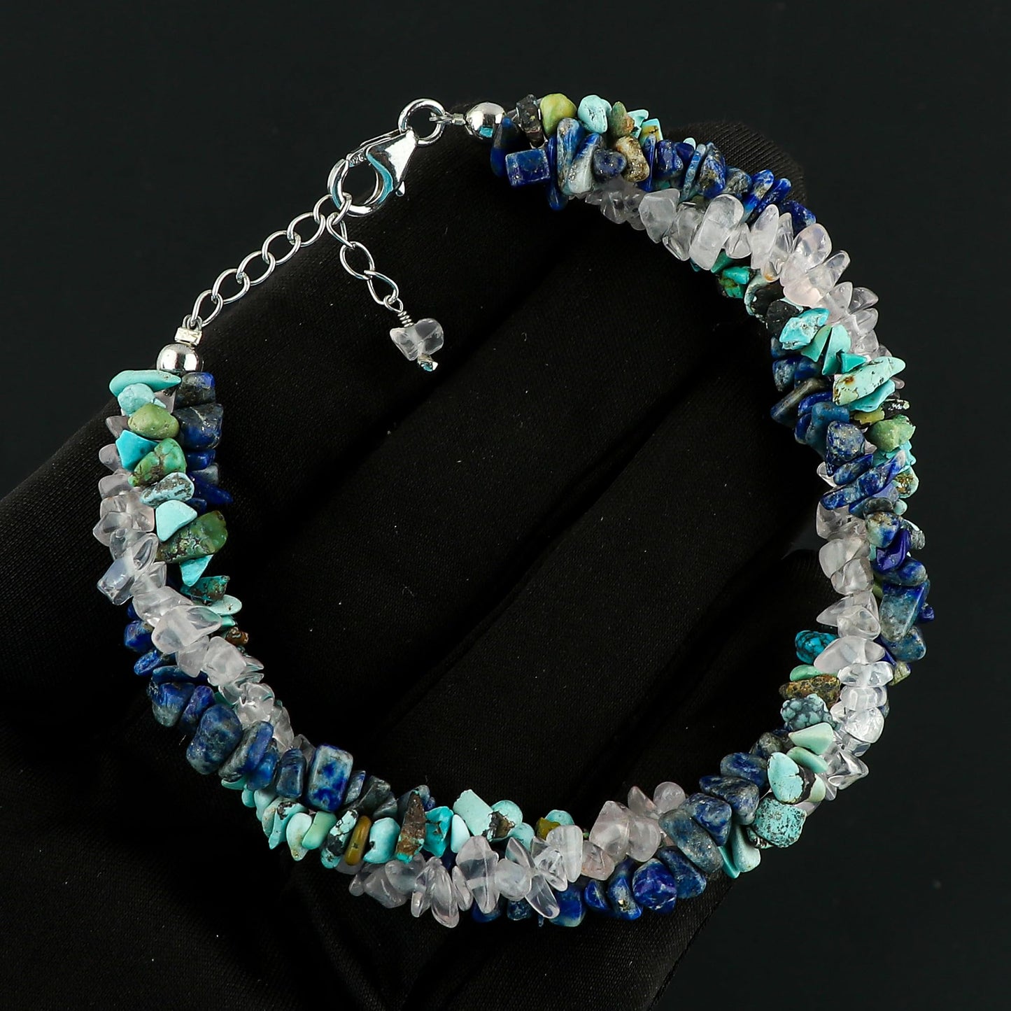 CRYSTALIS Natural Turquoise & Lapis Lazuli & Rose Quartz Beads Braided Rope Crystals Bracelet, Chips Nugget Beaded Gemstones, Chakra Healing Stones, Womens Jewelry, 925 Sterling Silver Bracelet 8 inch